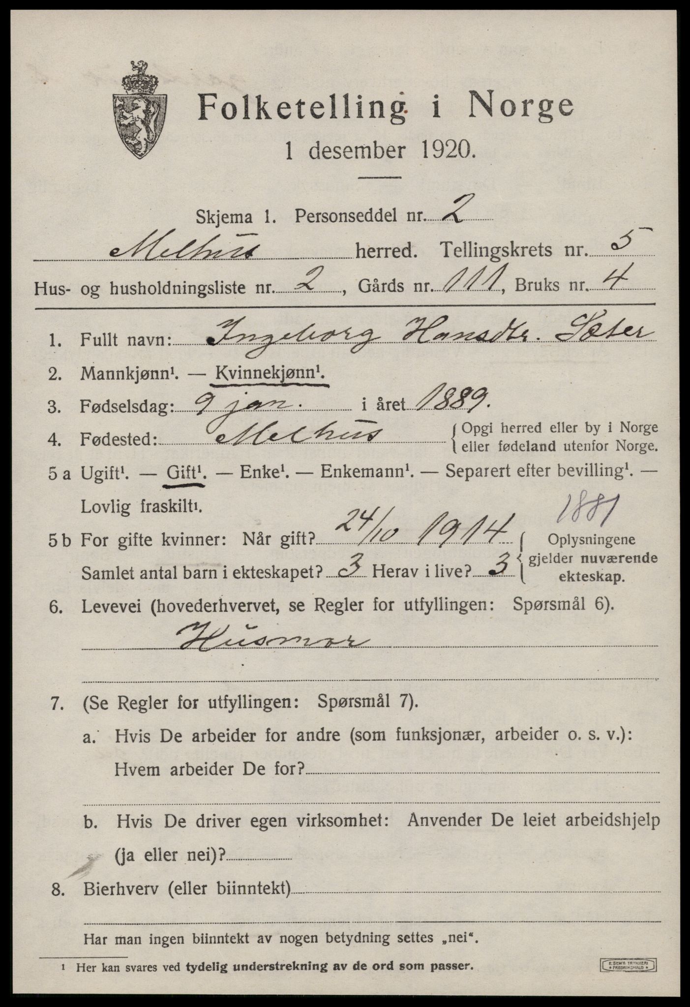 SAT, 1920 census for Melhus, 1920, p. 4955