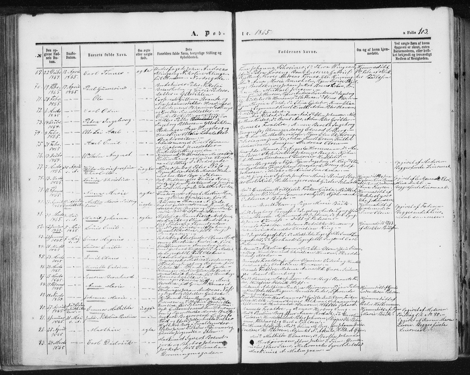 Ministerialprotokoller, klokkerbøker og fødselsregistre - Sør-Trøndelag, SAT/A-1456/602/L0115: Parish register (official) no. 602A13, 1860-1872, p. 103