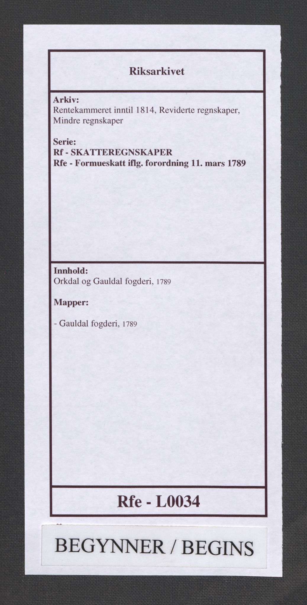 Rentekammeret inntil 1814, Reviderte regnskaper, Mindre regnskaper, AV/RA-EA-4068/Rf/Rfe/L0034: Orkdal og Gauldal fogderi, 1789, p. 1