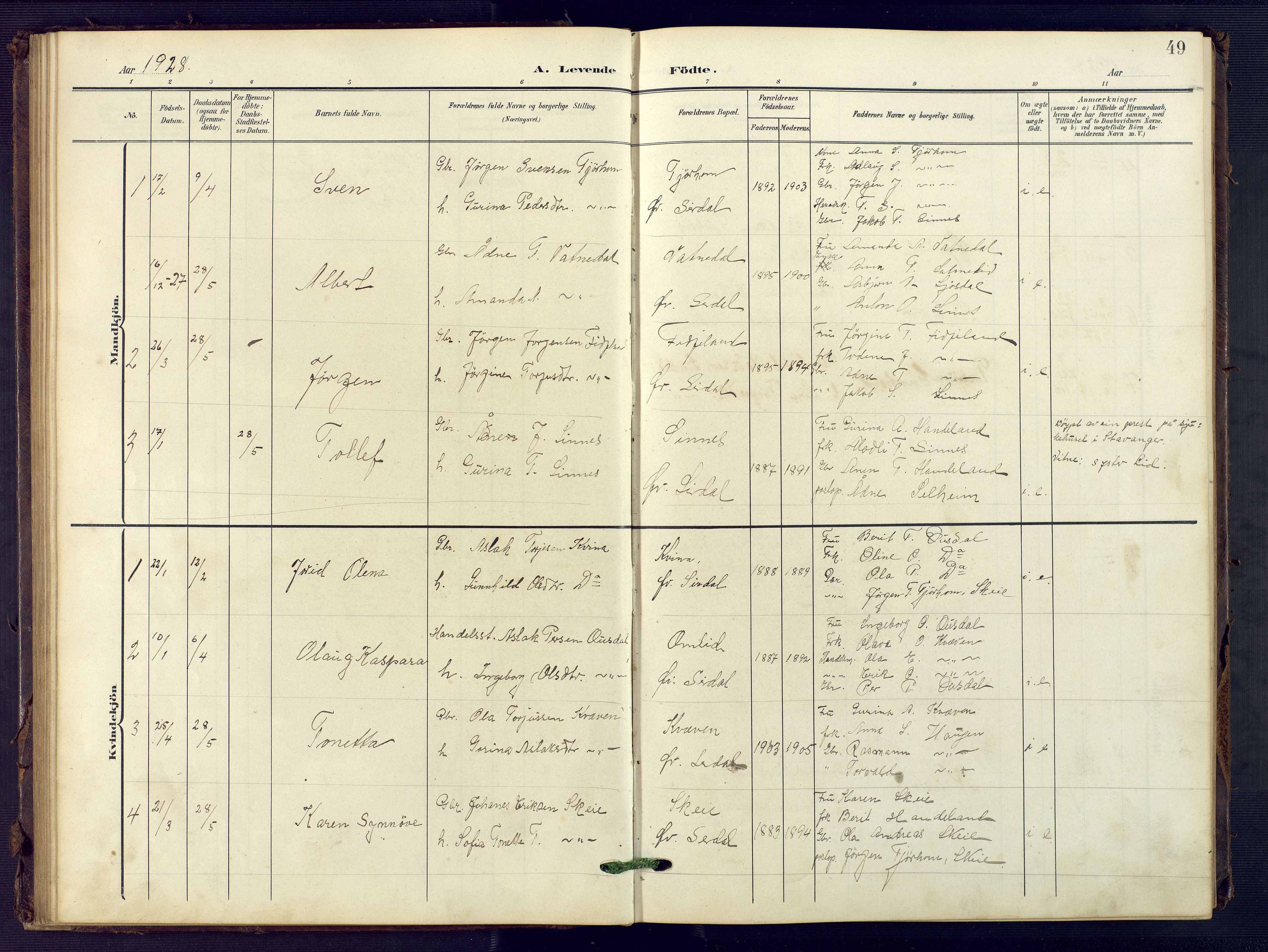 Sirdal sokneprestkontor, SAK/1111-0036/F/Fb/Fba/L0002: Parish register (copy) no. B 2, 1905-1958, p. 49