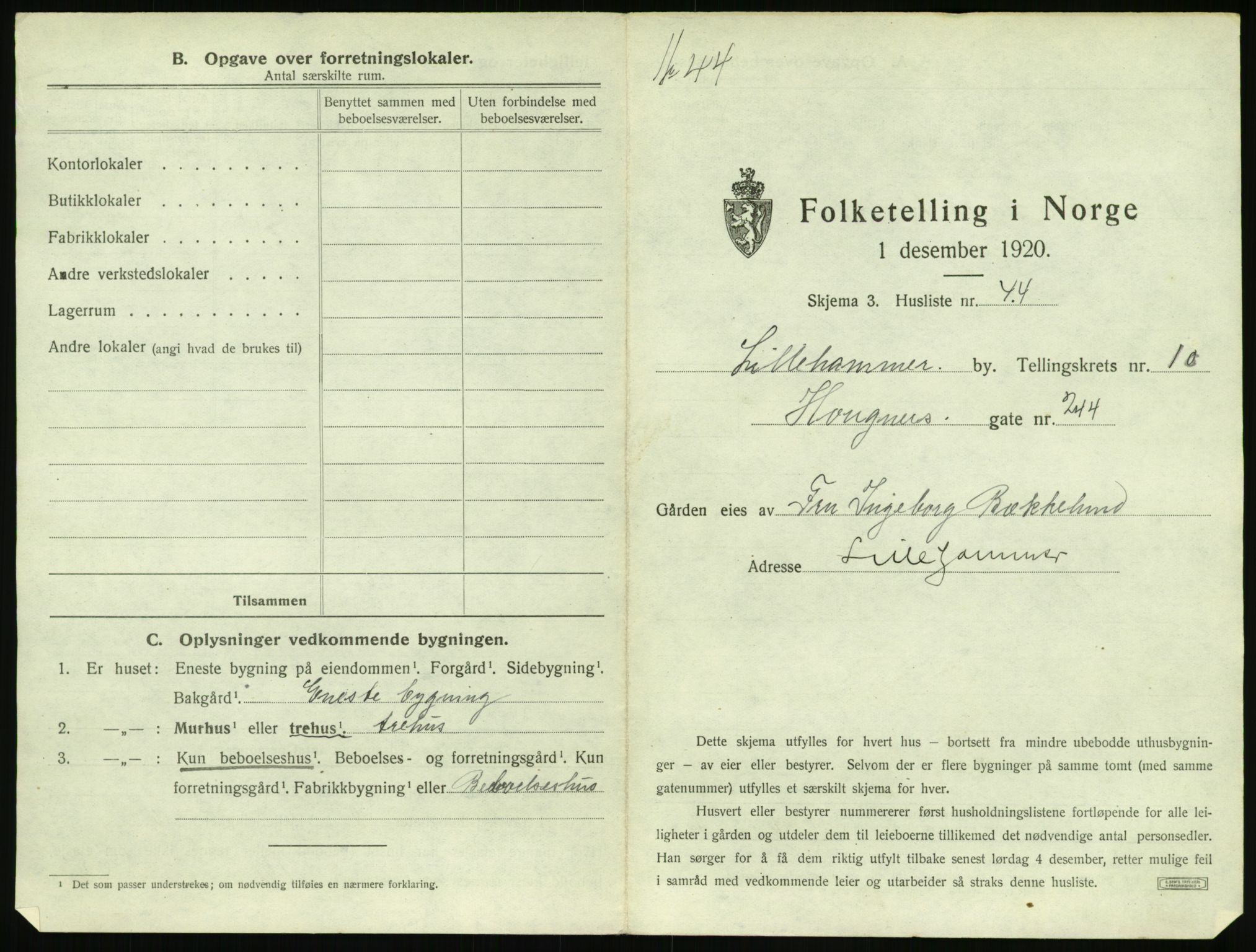 SAH, 1920 census for Lillehammer, 1920, p. 1326