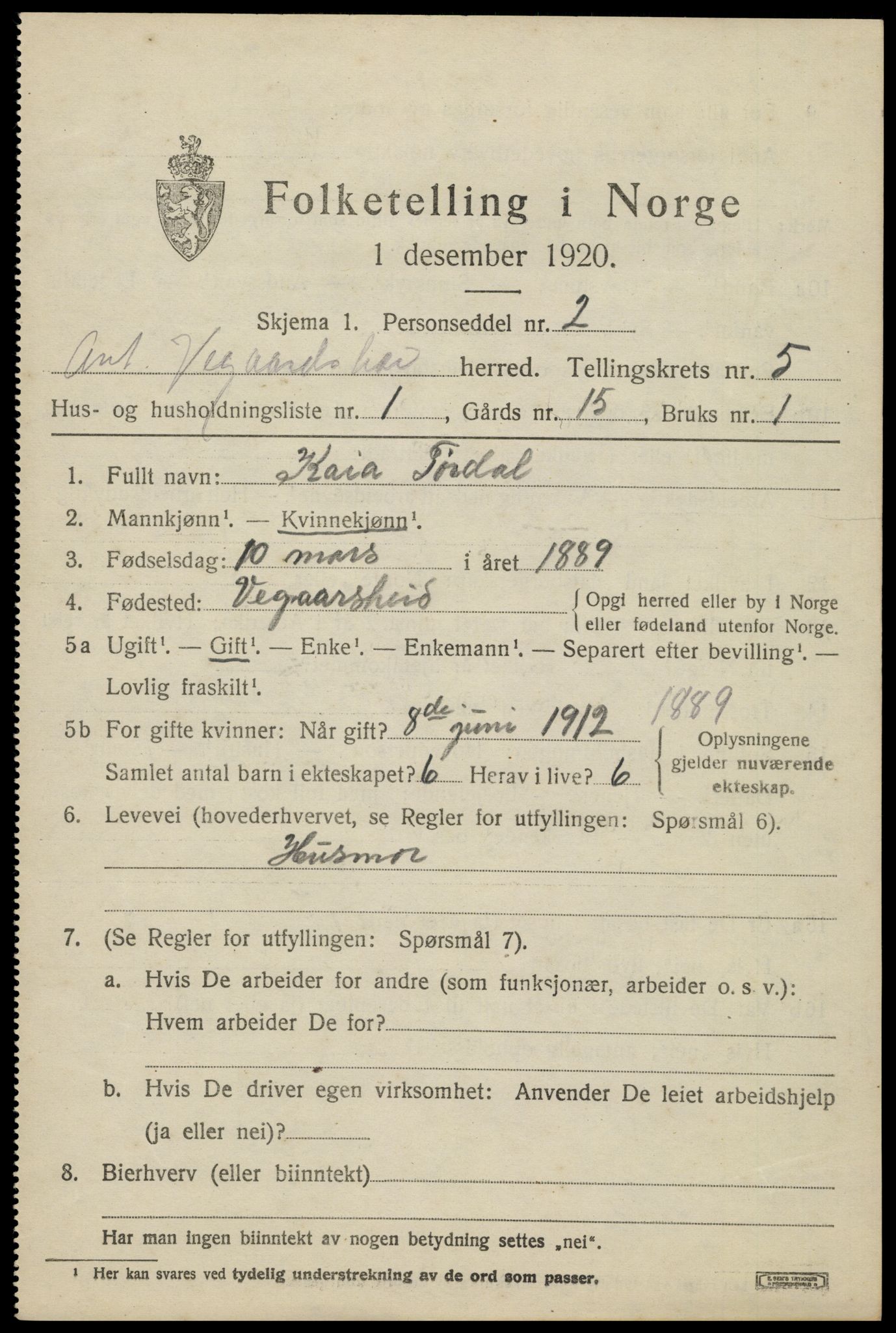 SAK, 1920 census for Vegårshei, 1920, p. 1904