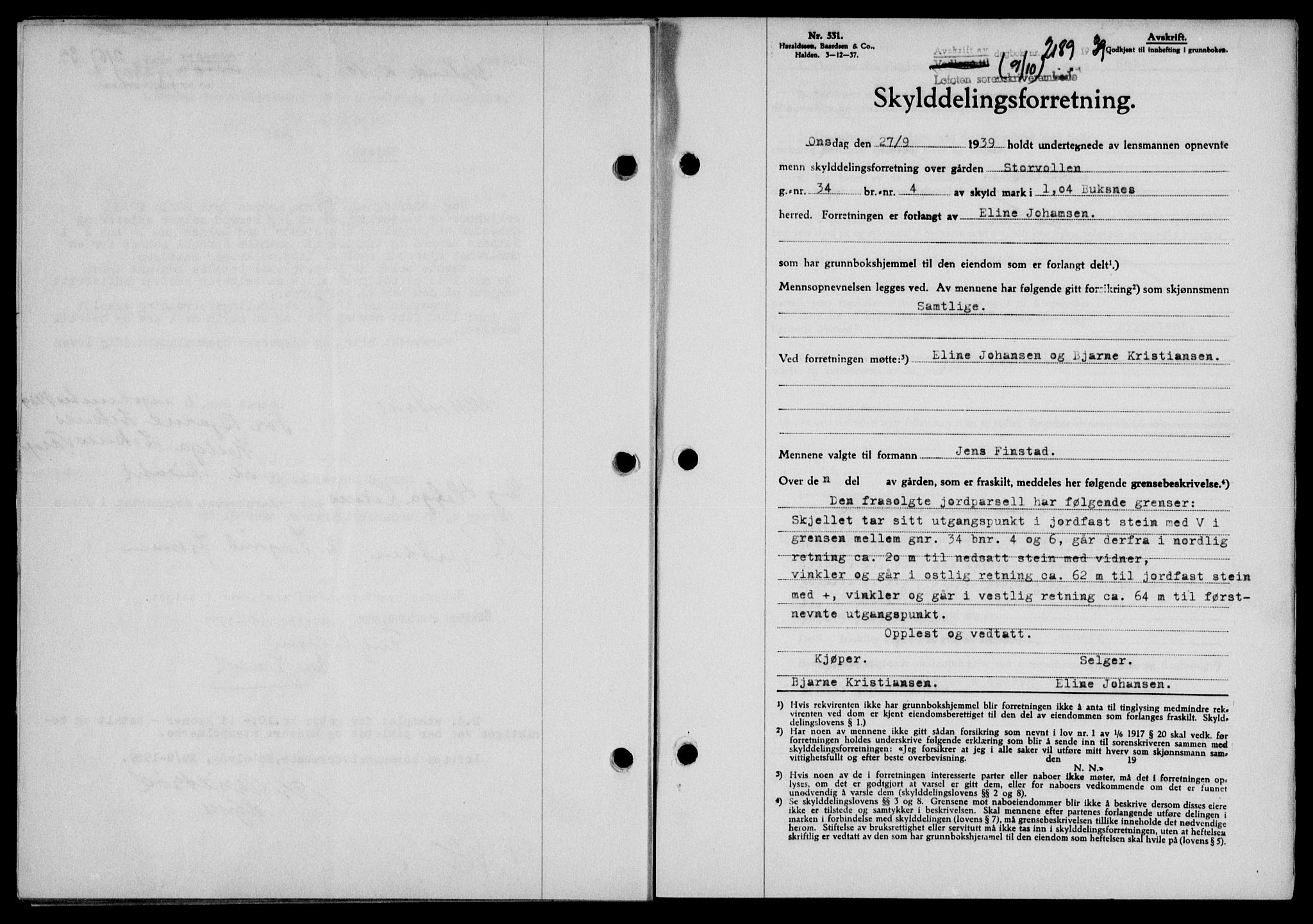 Lofoten sorenskriveri, SAT/A-0017/1/2/2C/L0006a: Mortgage book no. 6a, 1939-1939, Diary no: : 2189/1939