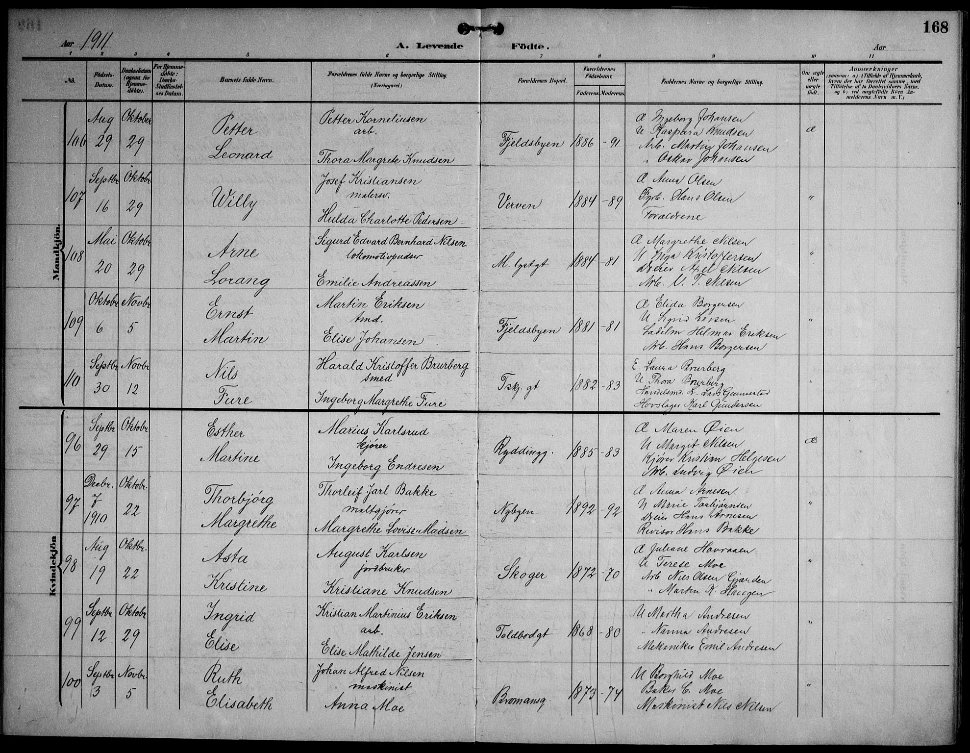 Strømsø kirkebøker, SAKO/A-246/F/Fa/L0026: Parish register (official) no. I 26, 1905-1914, p. 168