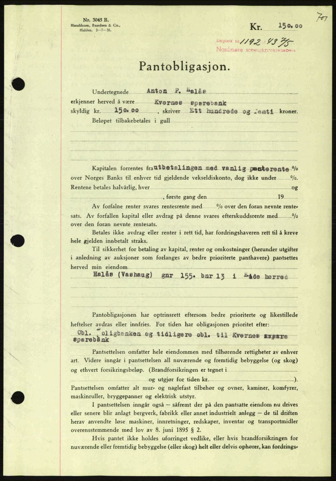 Nordmøre sorenskriveri, AV/SAT-A-4132/1/2/2Ca: Mortgage book no. B90, 1942-1943, Diary no: : 1192/1943