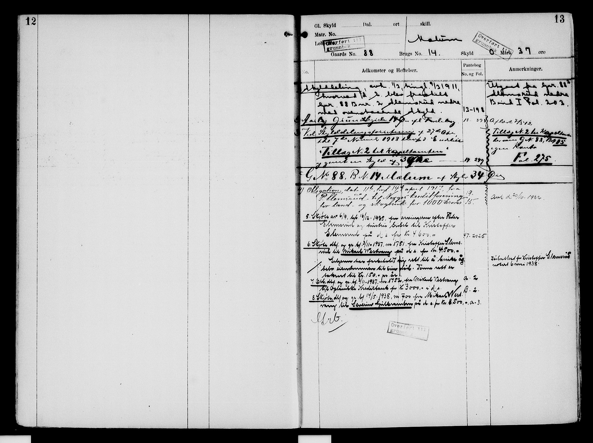 Nord-Hedmark sorenskriveri, SAH/TING-012/H/Ha/Had/Hade/L0004: Mortgage register no. 4.4, 1910-1940, p. 12-13