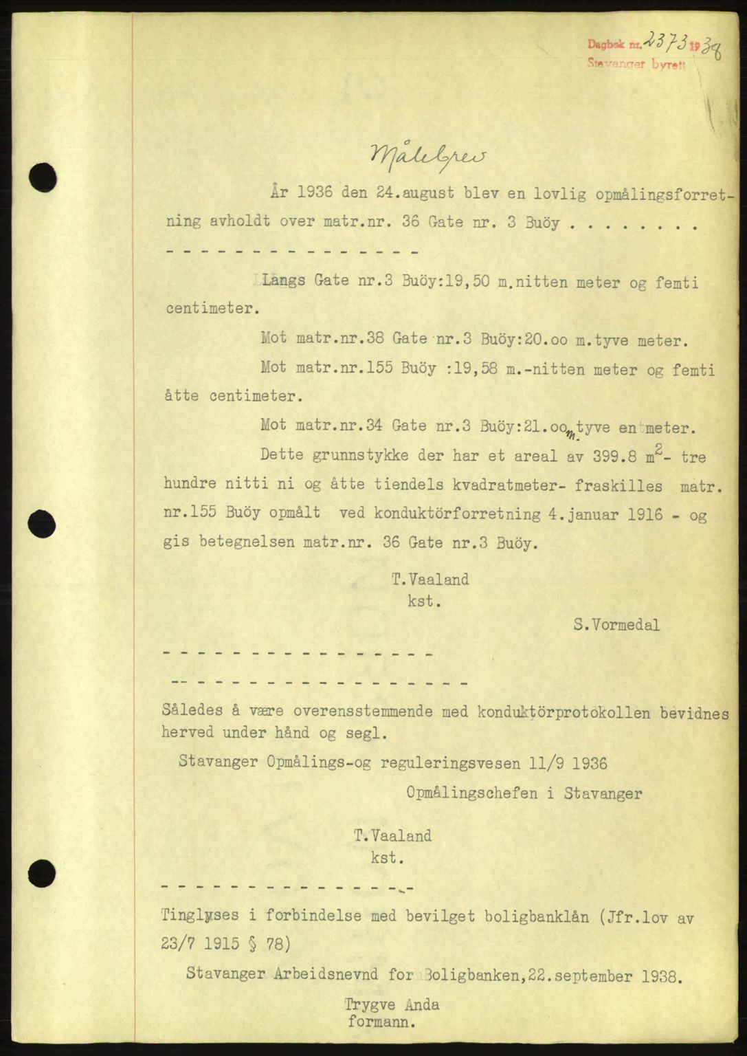 Stavanger byrett, SAST/A-100455/002/G/Gb/L0013: Mortgage book no. A3, 1937-1938, Diary no: : 2373/1938