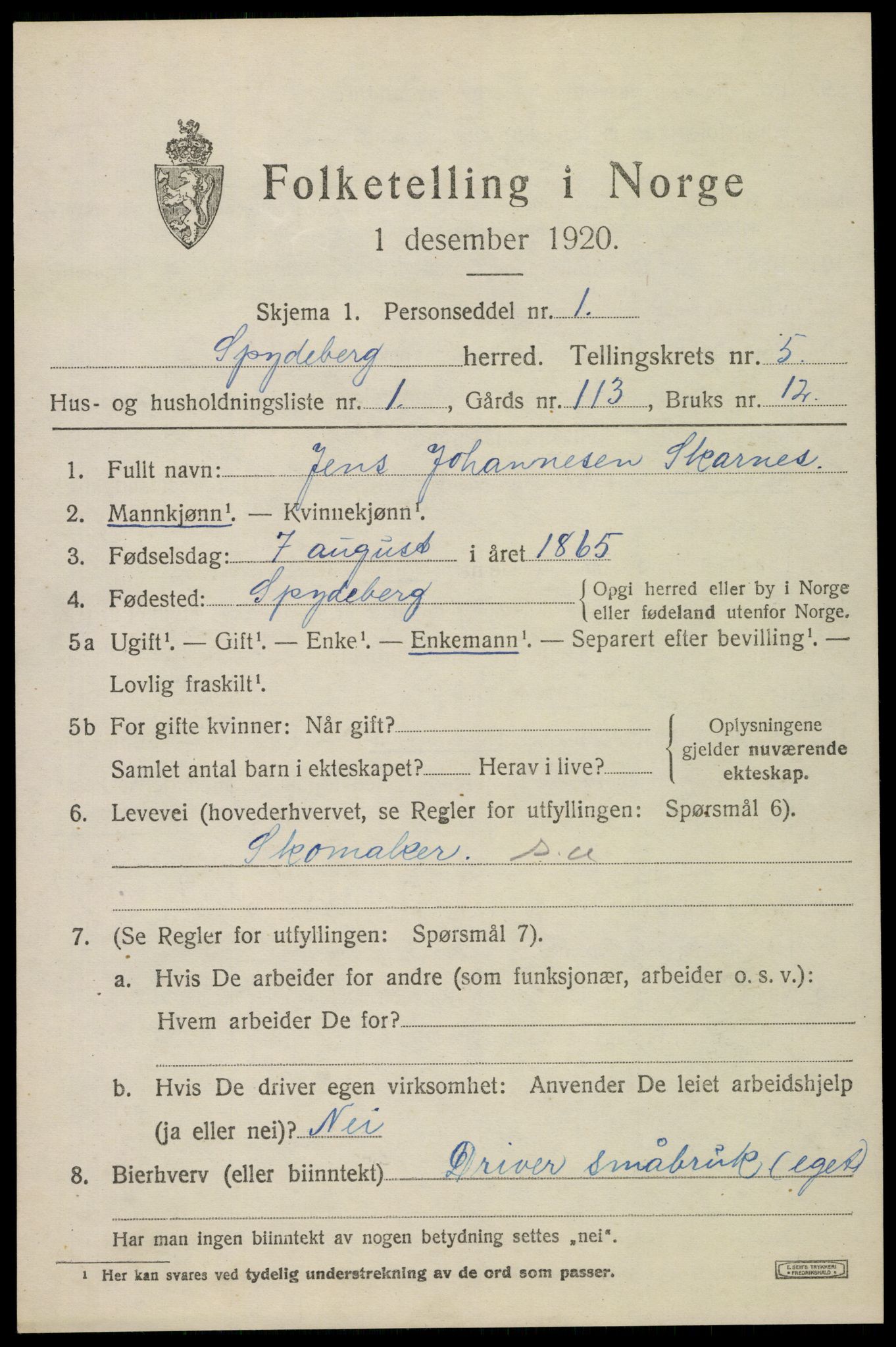 SAO, 1920 census for Spydeberg, 1920, p. 6139