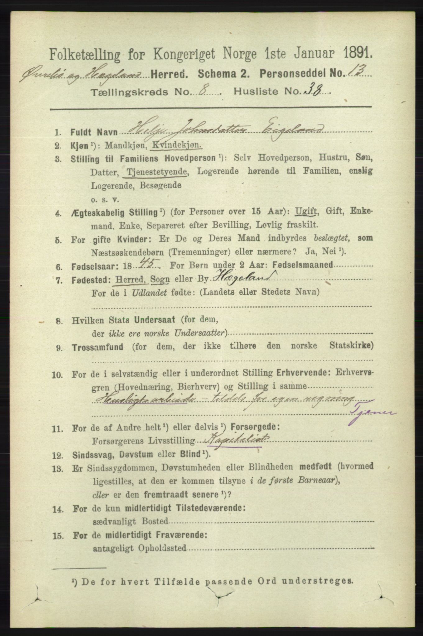 RA, 1891 census for 1016 Øvrebø og Hægeland, 1891, p. 1693