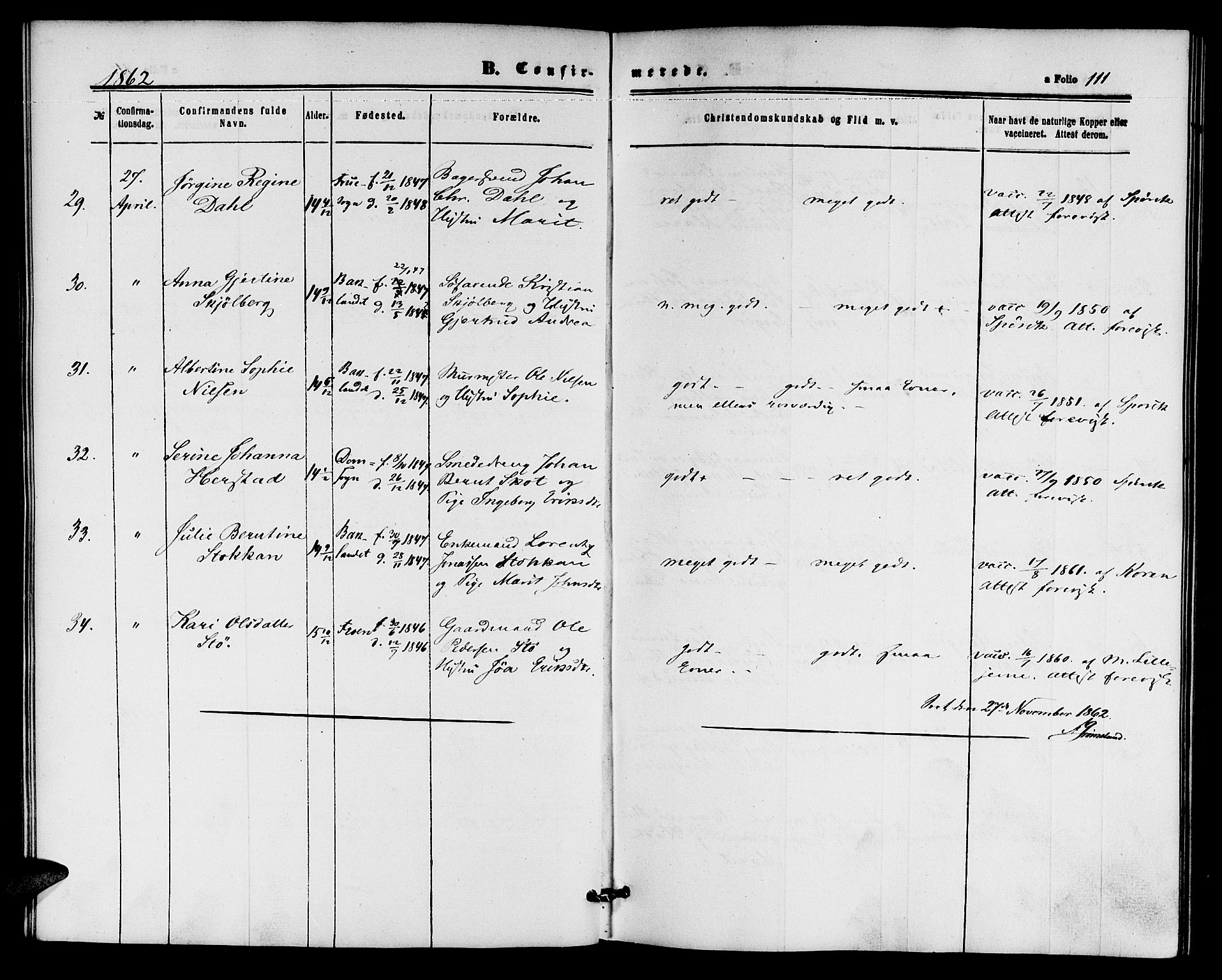 Ministerialprotokoller, klokkerbøker og fødselsregistre - Sør-Trøndelag, AV/SAT-A-1456/604/L0185: Parish register (official) no. 604A06, 1861-1865, p. 111