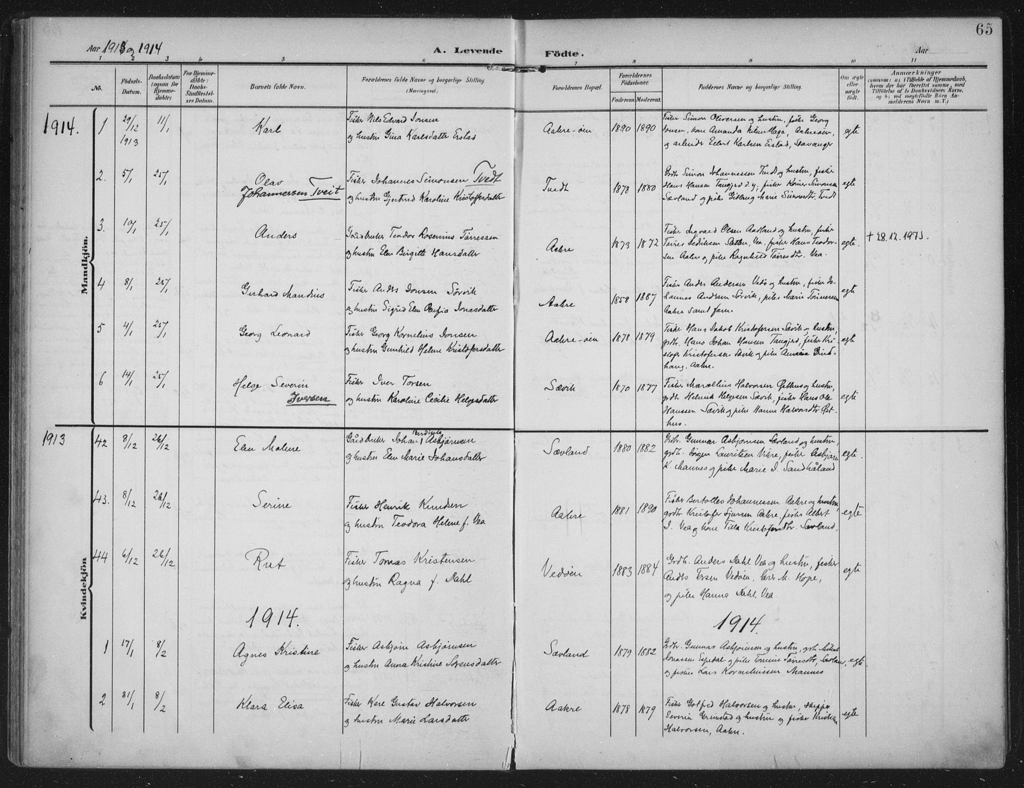 Kopervik sokneprestkontor, AV/SAST-A-101850/H/Ha/Haa/L0005: Parish register (official) no. A 5, 1906-1924, p. 65