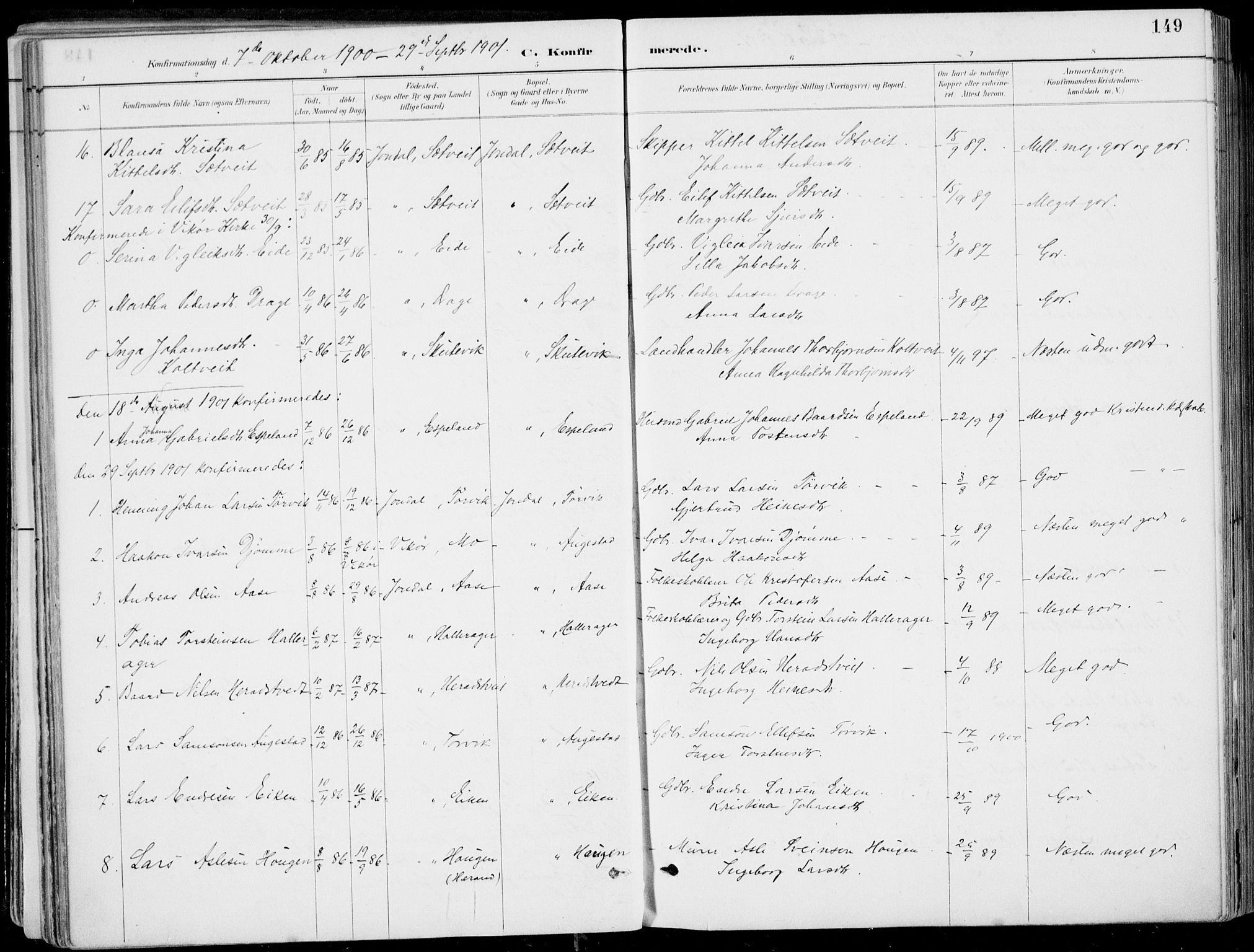 Strandebarm sokneprestembete, SAB/A-78401/H/Haa: Parish register (official) no. E  1, 1886-1908, p. 149