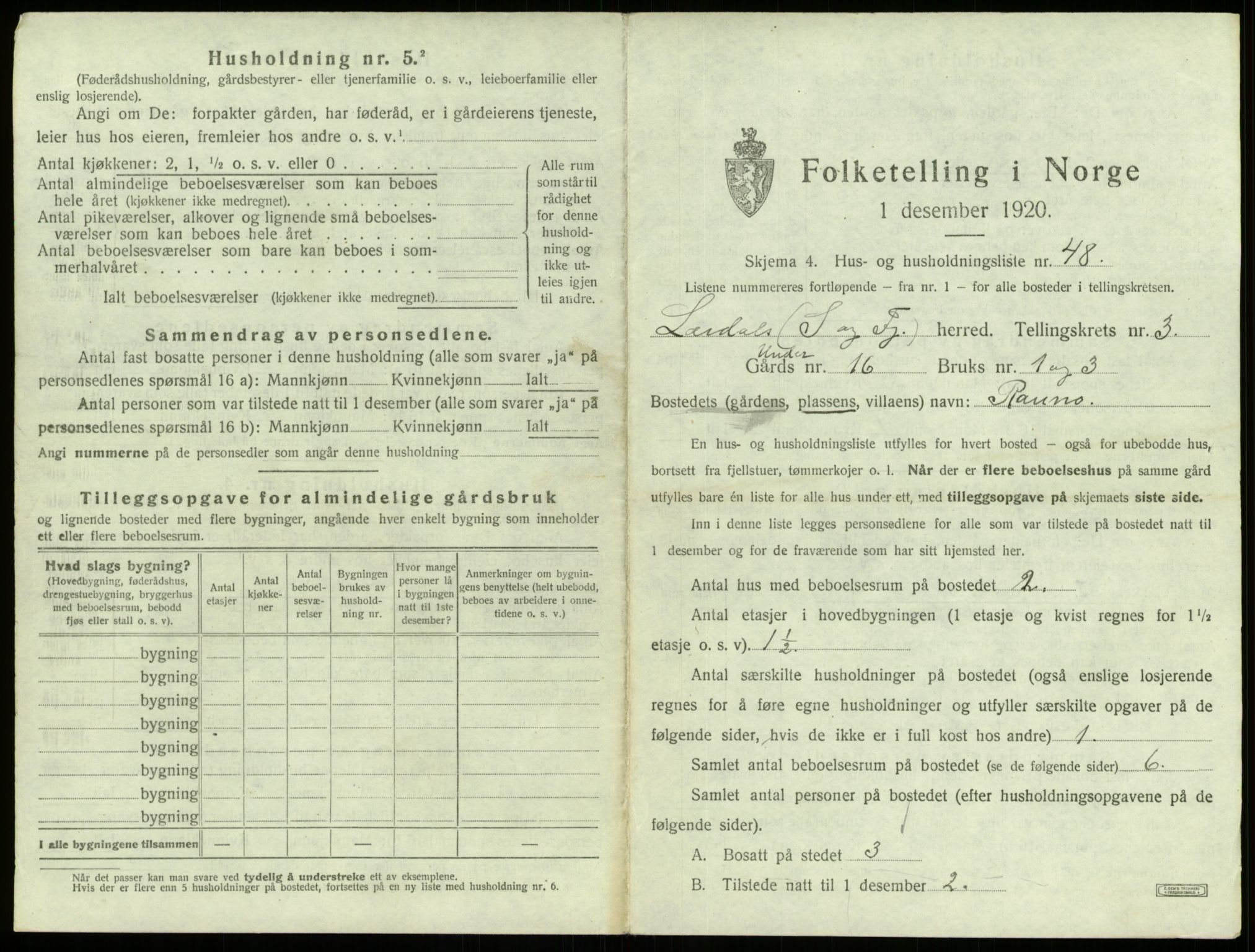 SAB, 1920 census for Lærdal, 1920, p. 311