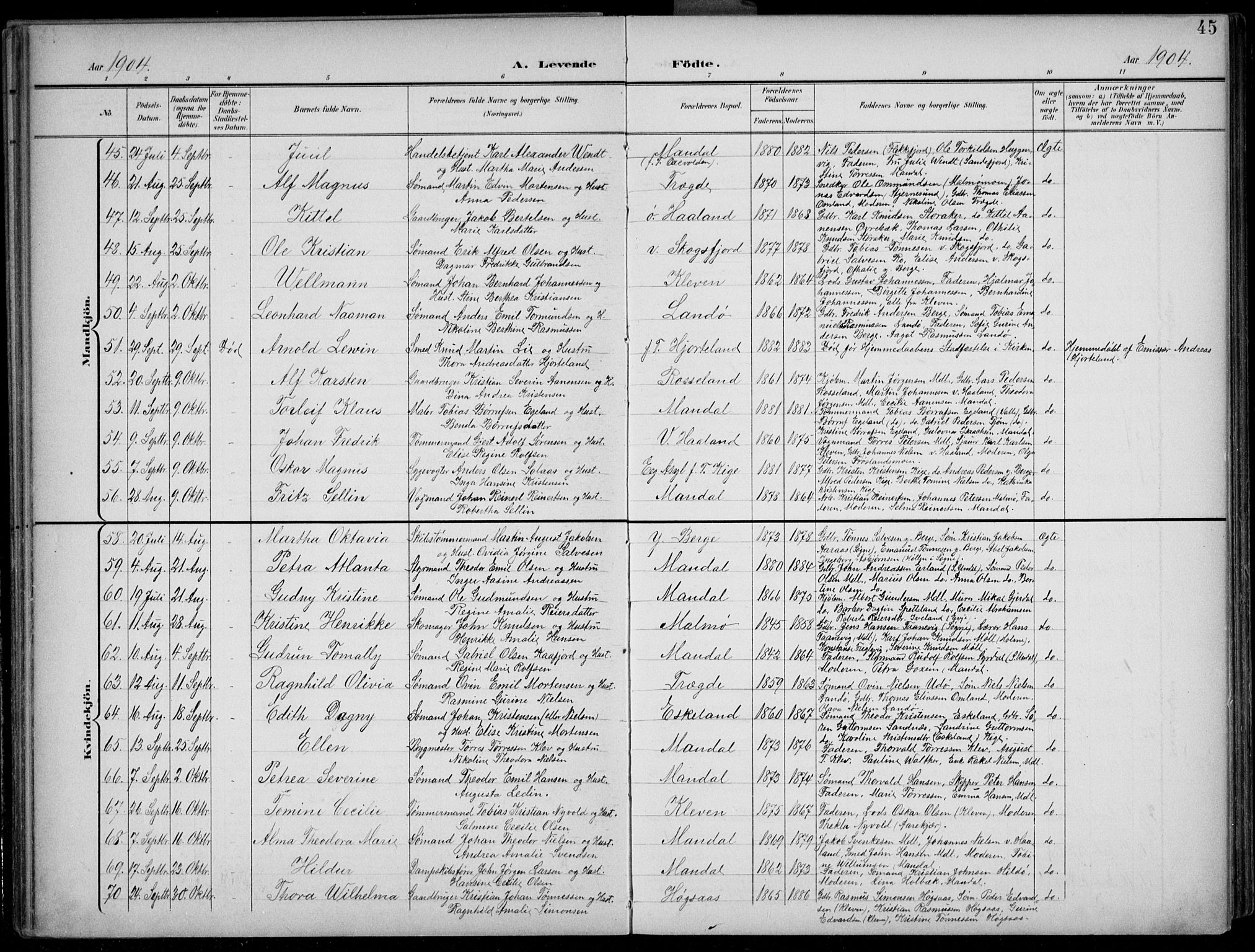 Mandal sokneprestkontor, AV/SAK-1111-0030/F/Fb/Fba/L0012: Parish register (copy) no. B 6, 1899-1918, p. 45