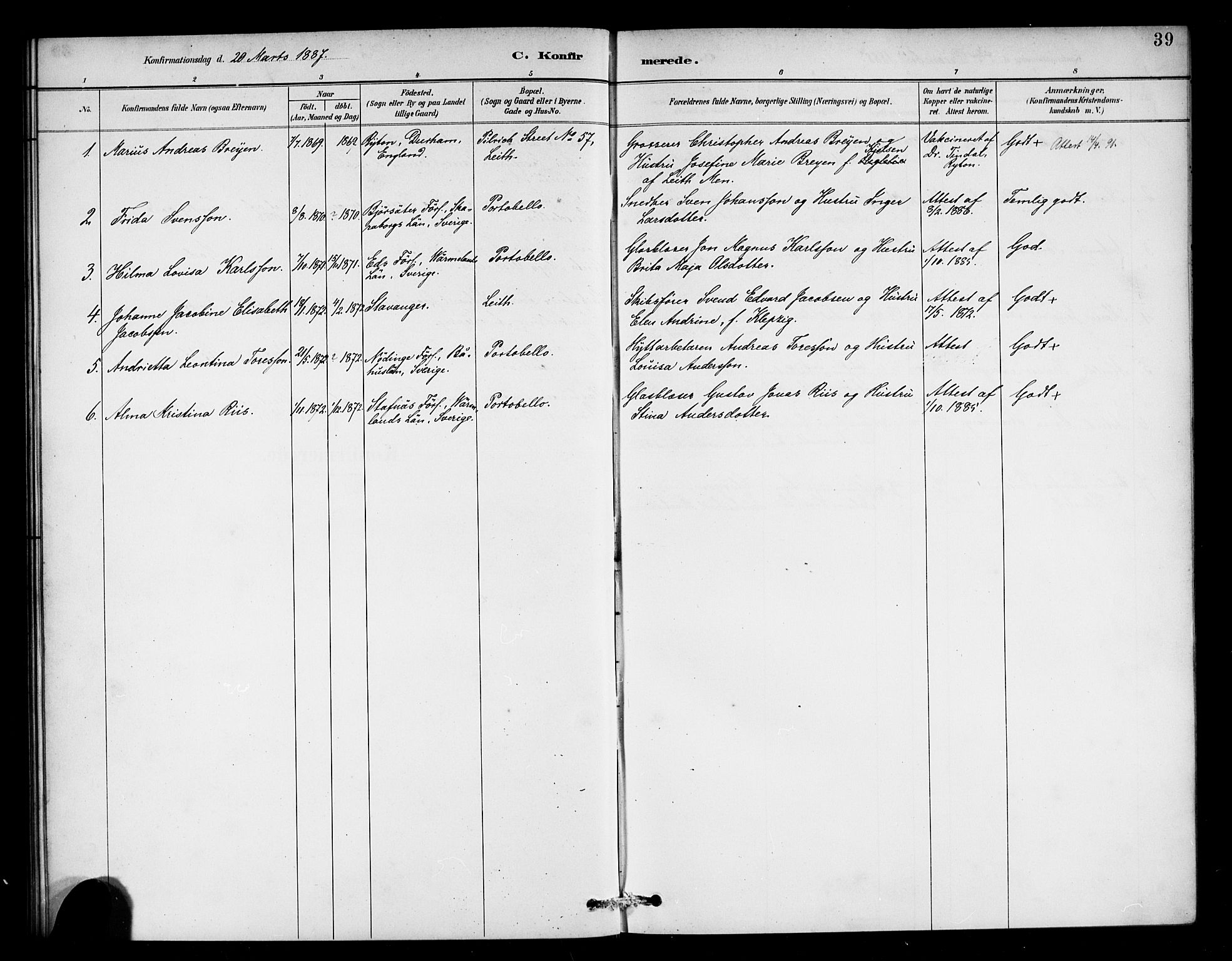 Den norske sjømannsmisjon i utlandet/Skotske havner (Leith, Glasgow), SAB/SAB/PA-0100/H/Ha/Haa/L0003: Parish register (official) no. A 3, 1887-1898, p. 39