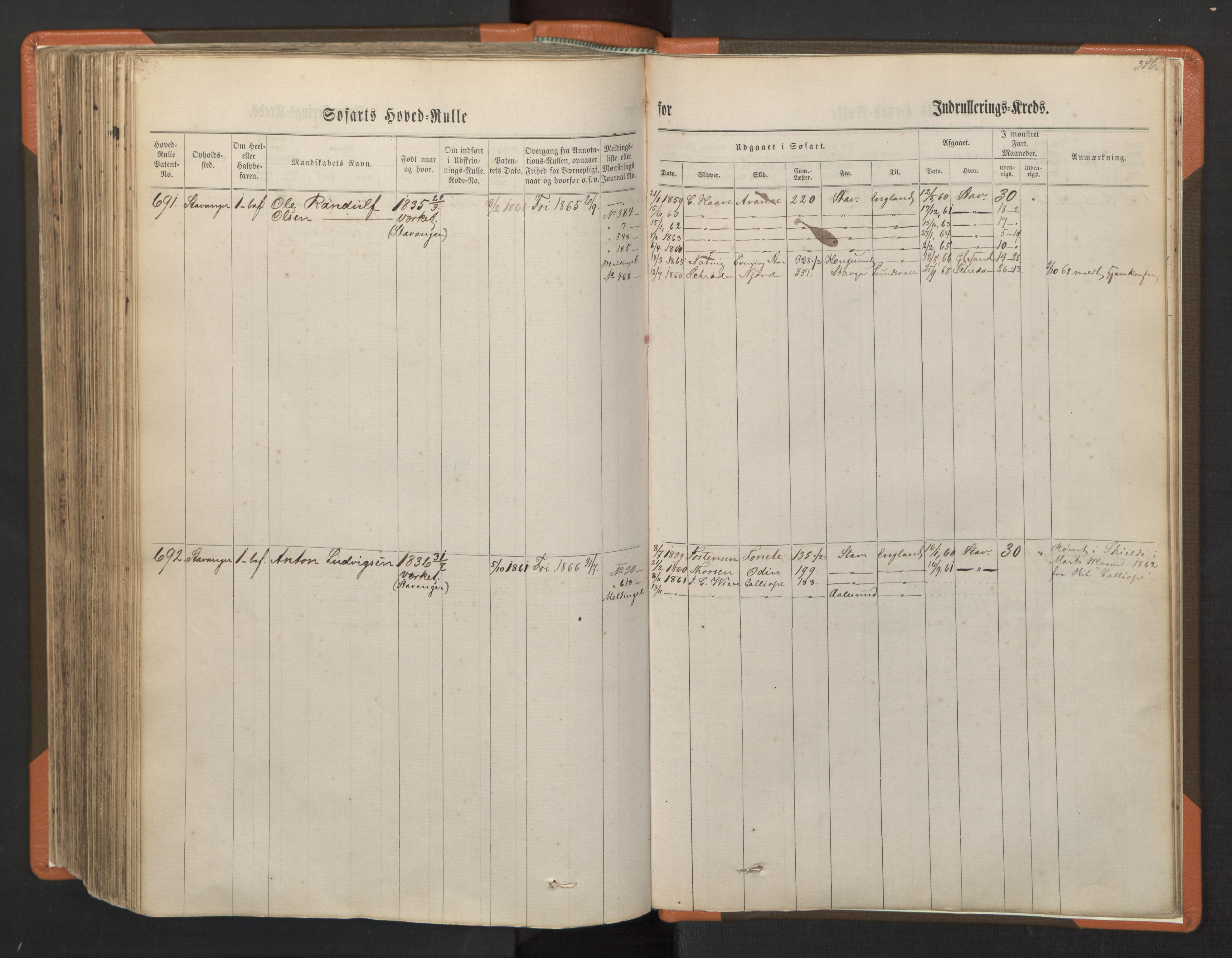 Stavanger sjømannskontor, AV/SAST-A-102006/F/Fb/Fbb/L0001: Sjøfartshovedrulle, patentnr. 1-720 (del 1), 1860-1863, p. 350