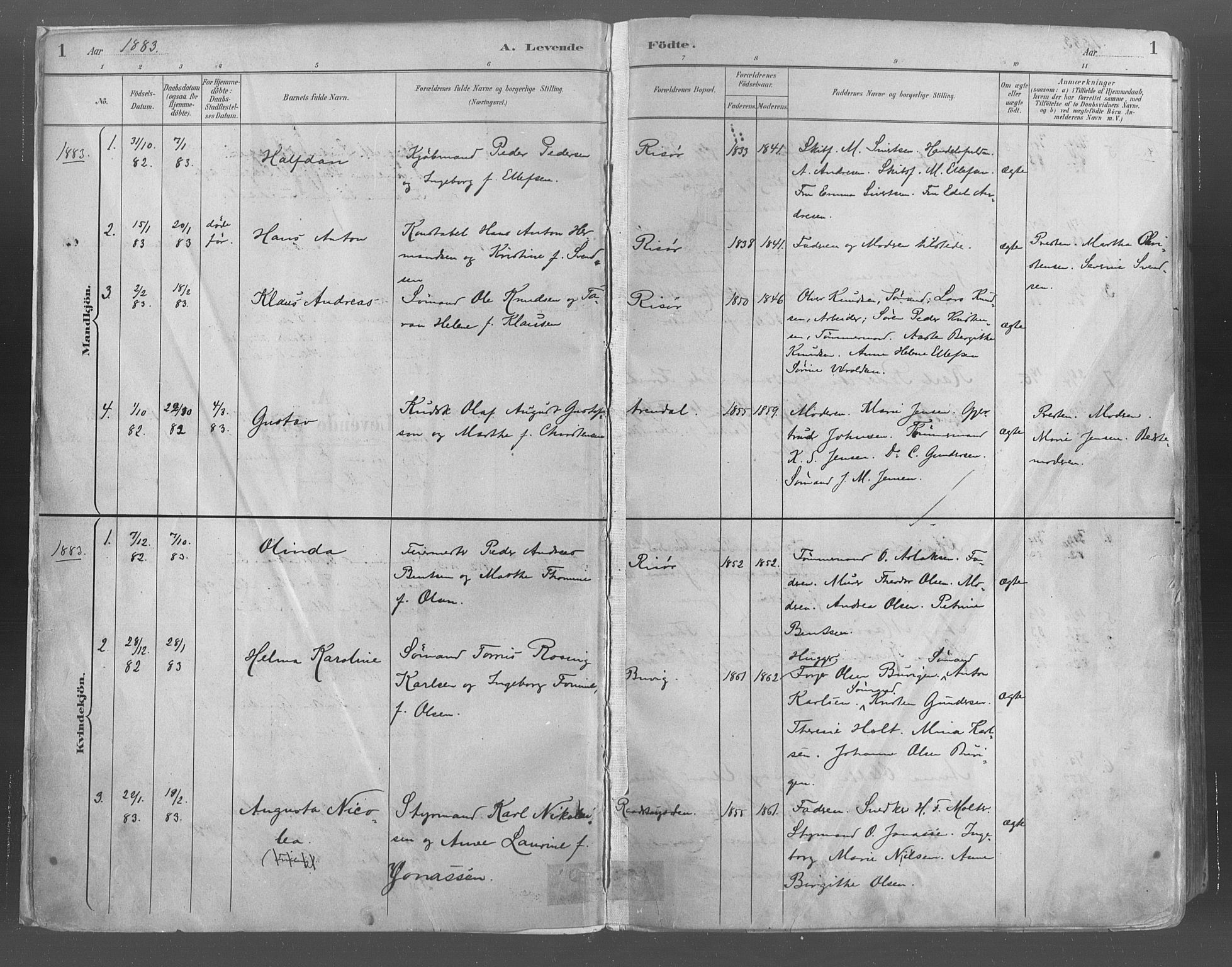 Risør sokneprestkontor, AV/SAK-1111-0035/F/Fa/L0005: Parish register (official) no. A 5, 1883-1895, p. 1