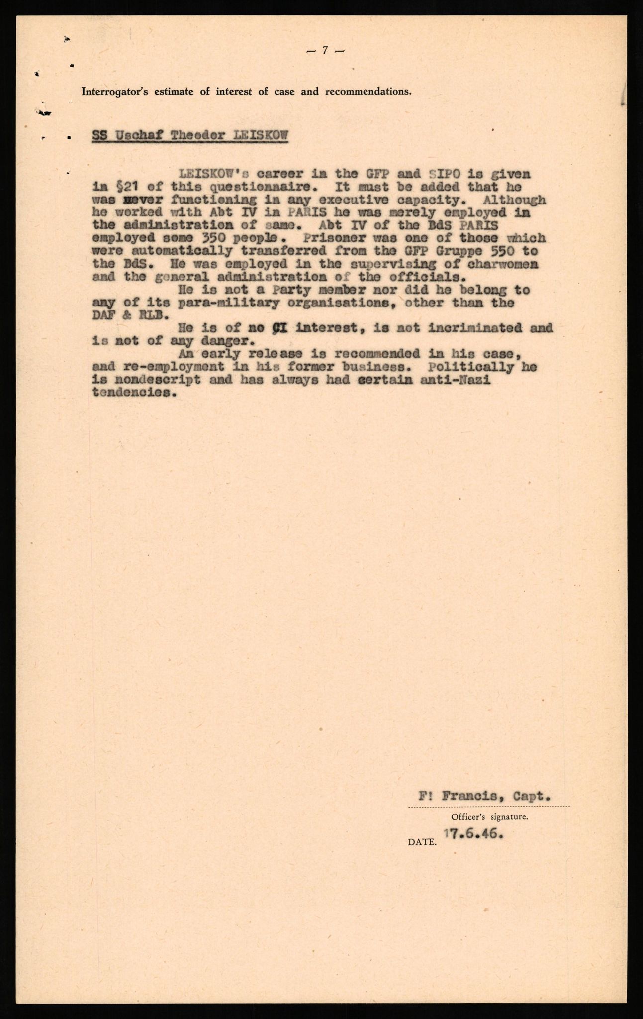 Forsvaret, Forsvarets overkommando II, AV/RA-RAFA-3915/D/Db/L0020: CI Questionaires. Tyske okkupasjonsstyrker i Norge. Tyskere., 1945-1946, p. 79