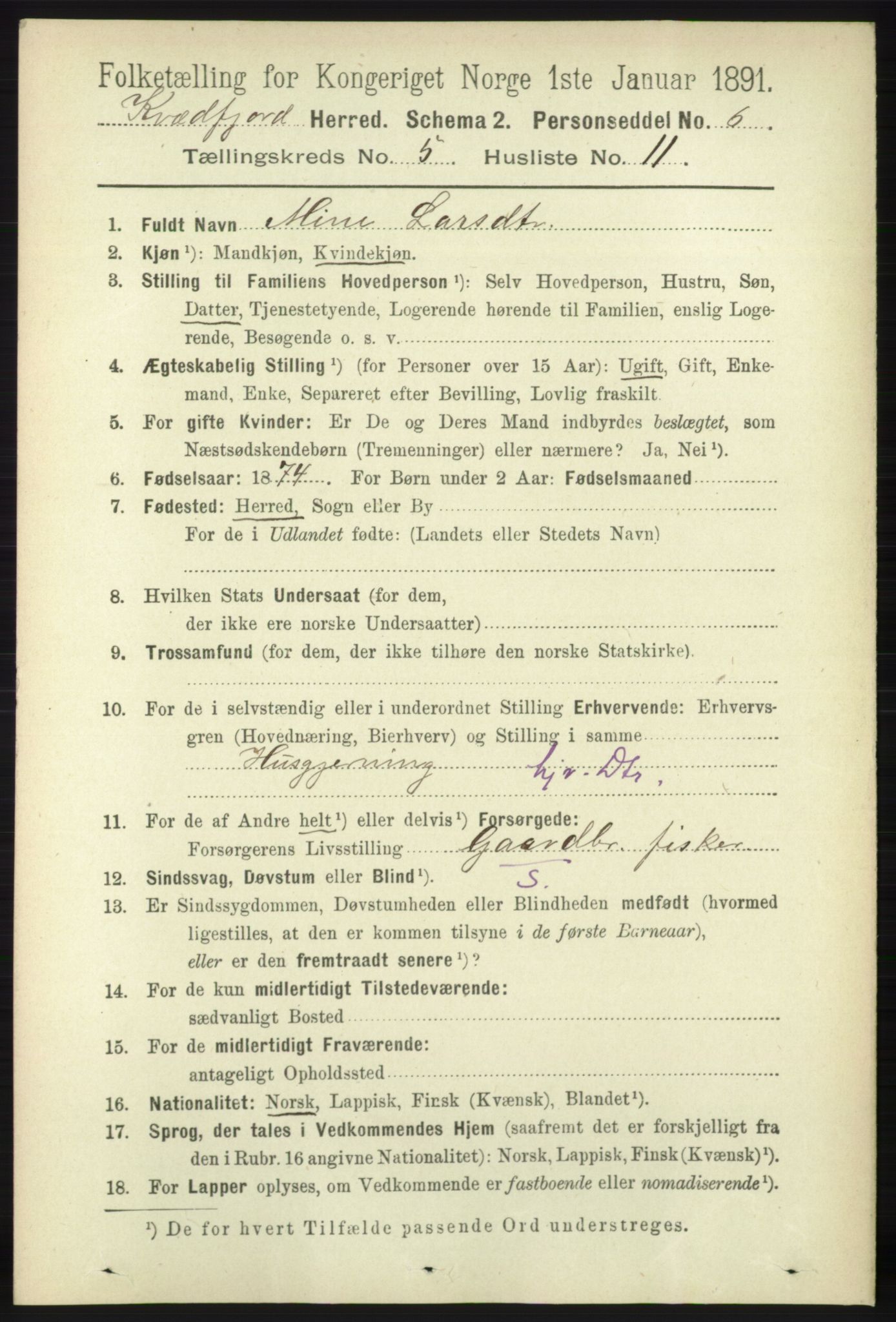 RA, 1891 census for 1911 Kvæfjord, 1891, p. 2927