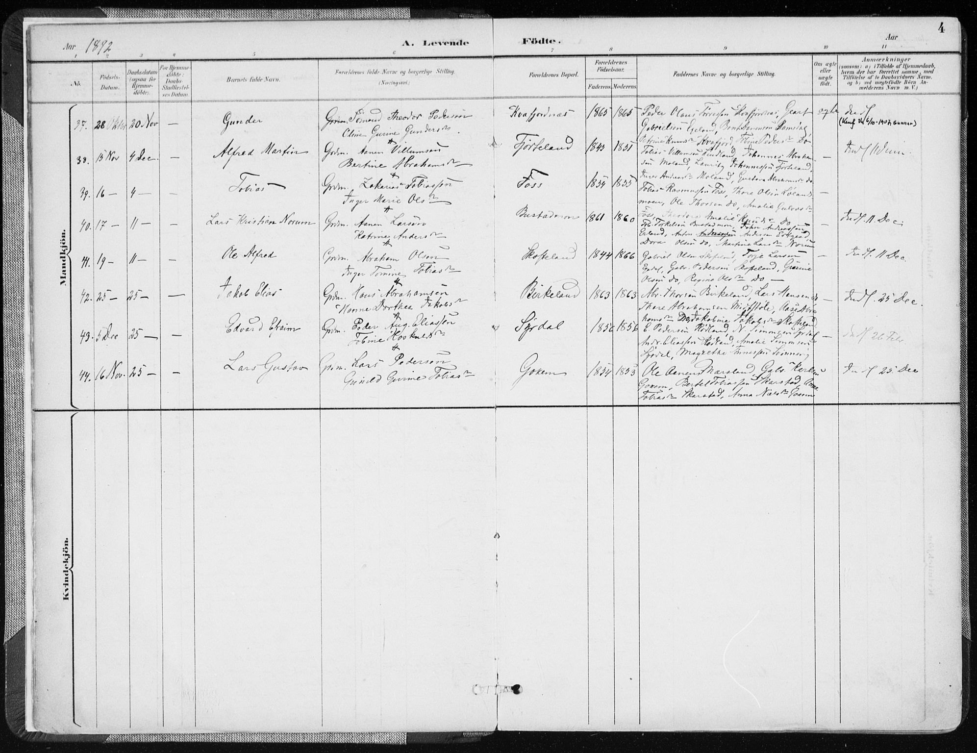 Sør-Audnedal sokneprestkontor, AV/SAK-1111-0039/F/Fa/Fab/L0010: Parish register (official) no. A 10, 1892-1913, p. 4