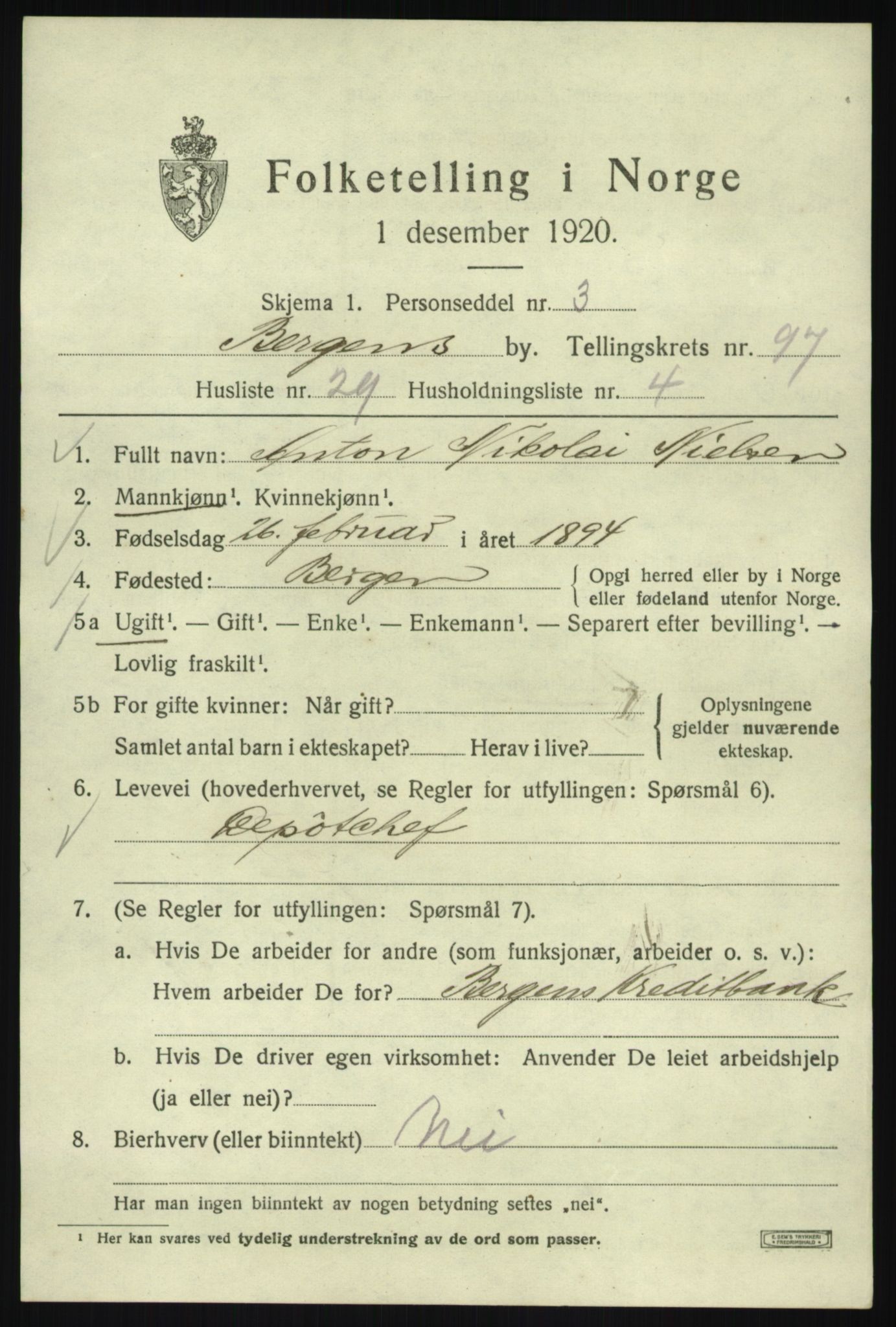 SAB, 1920 census for Bergen, 1920, p. 172070