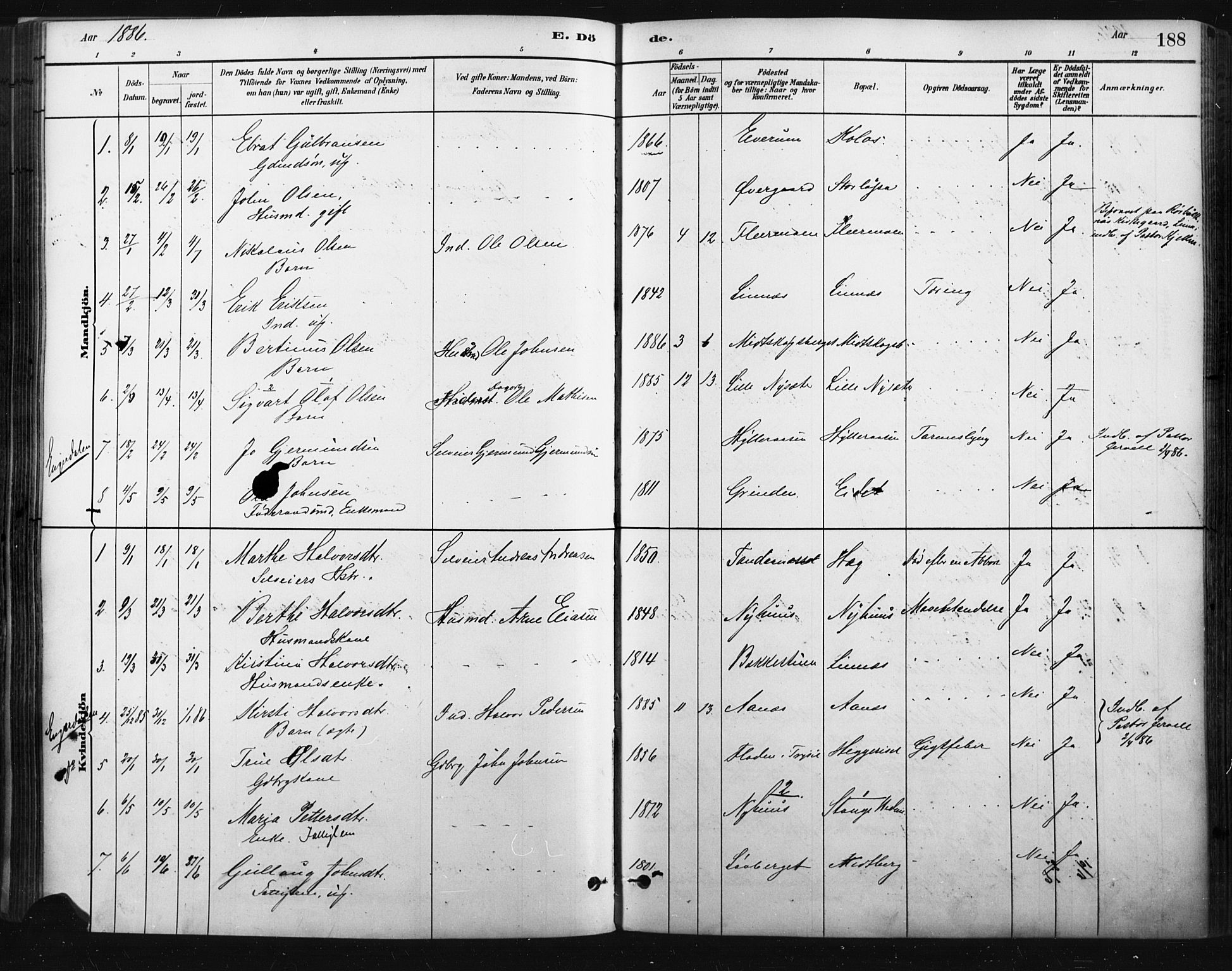 Trysil prestekontor, SAH/PREST-046/H/Ha/Haa/L0009: Parish register (official) no. 9, 1881-1897, p. 188