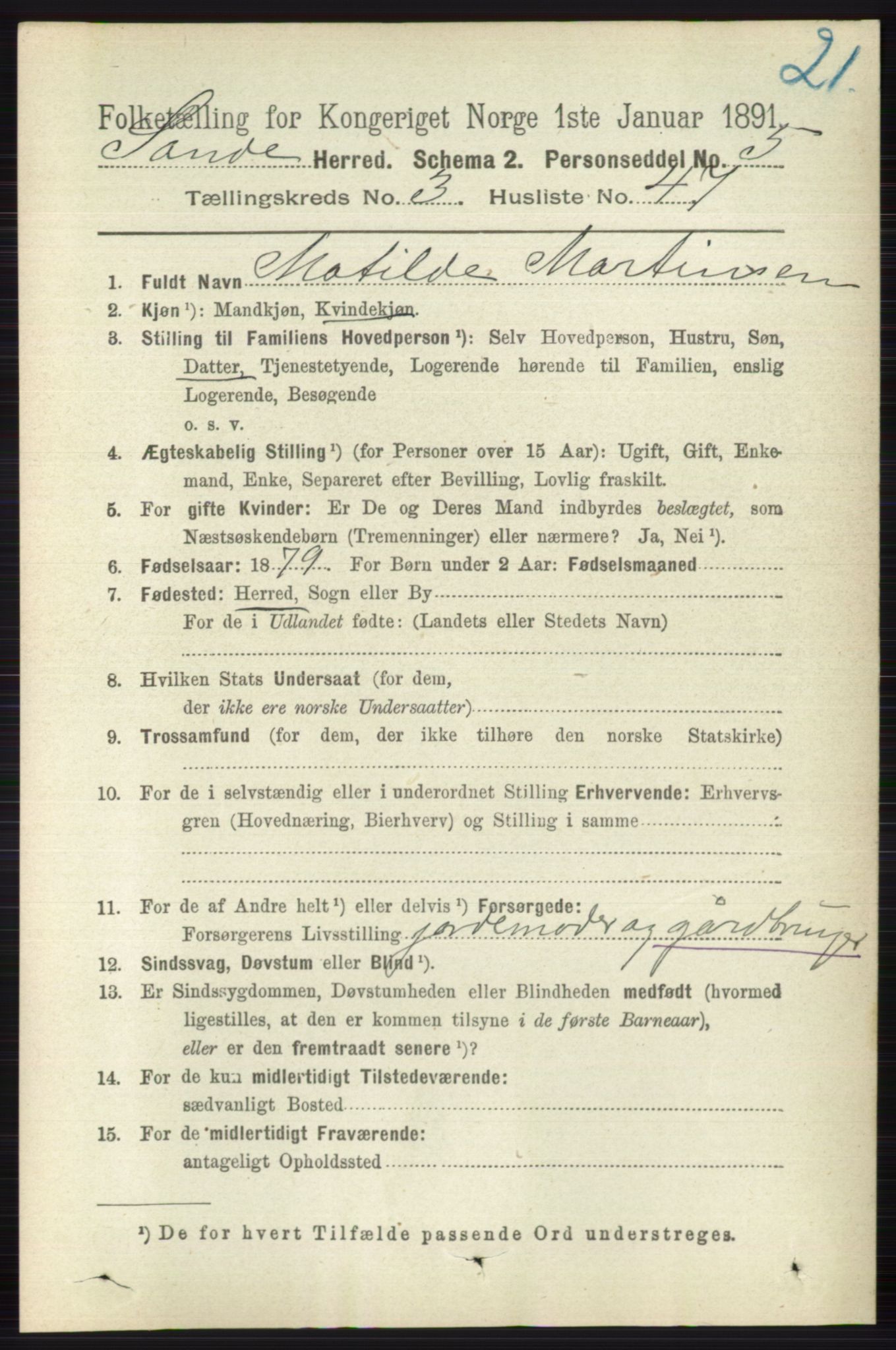 RA, 1891 census for 0713 Sande, 1891, p. 1220