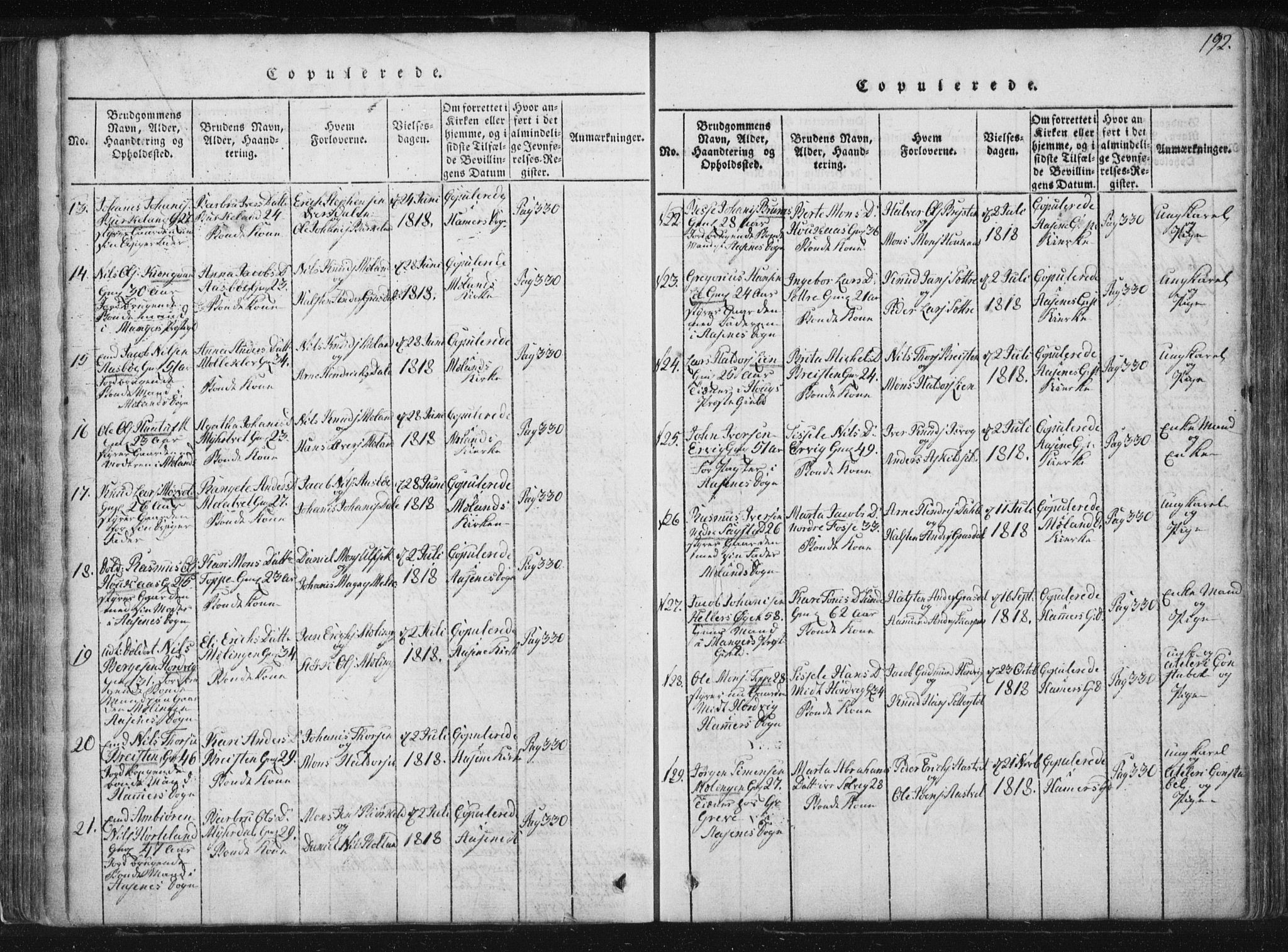 Hamre sokneprestembete, AV/SAB-A-75501/H/Ha/Haa/Haaa/L0010: Parish register (official) no. A 10, 1816-1826, p. 192