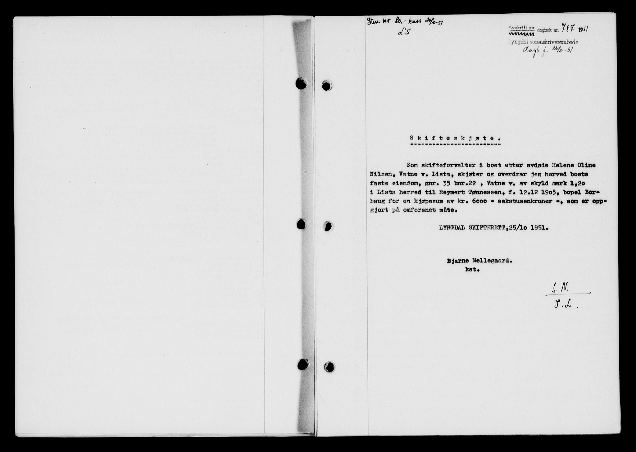 Lyngdal sorenskriveri, AV/SAK-1221-0004/G/Gb/L0667: Mortgage book no. A XIII, 1951-1952, Diary no: : 787/1951