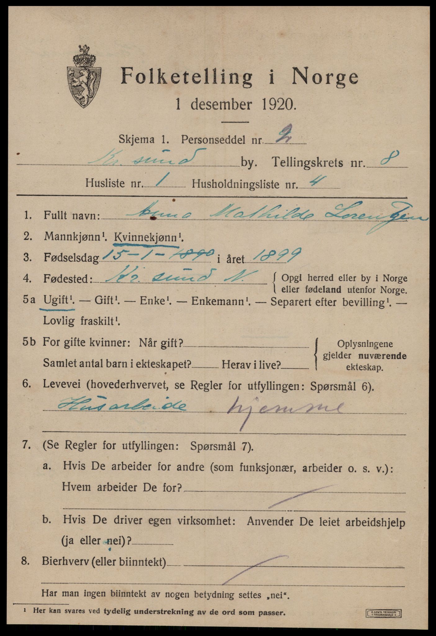 SAT, 1920 census for Kristiansund, 1920, p. 19853