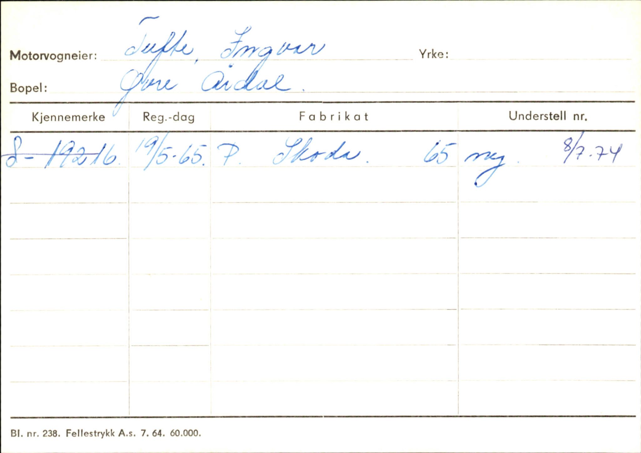 Statens vegvesen, Sogn og Fjordane vegkontor, SAB/A-5301/4/F/L0146: Registerkort Årdal R-Å samt diverse kort, 1945-1975, p. 985
