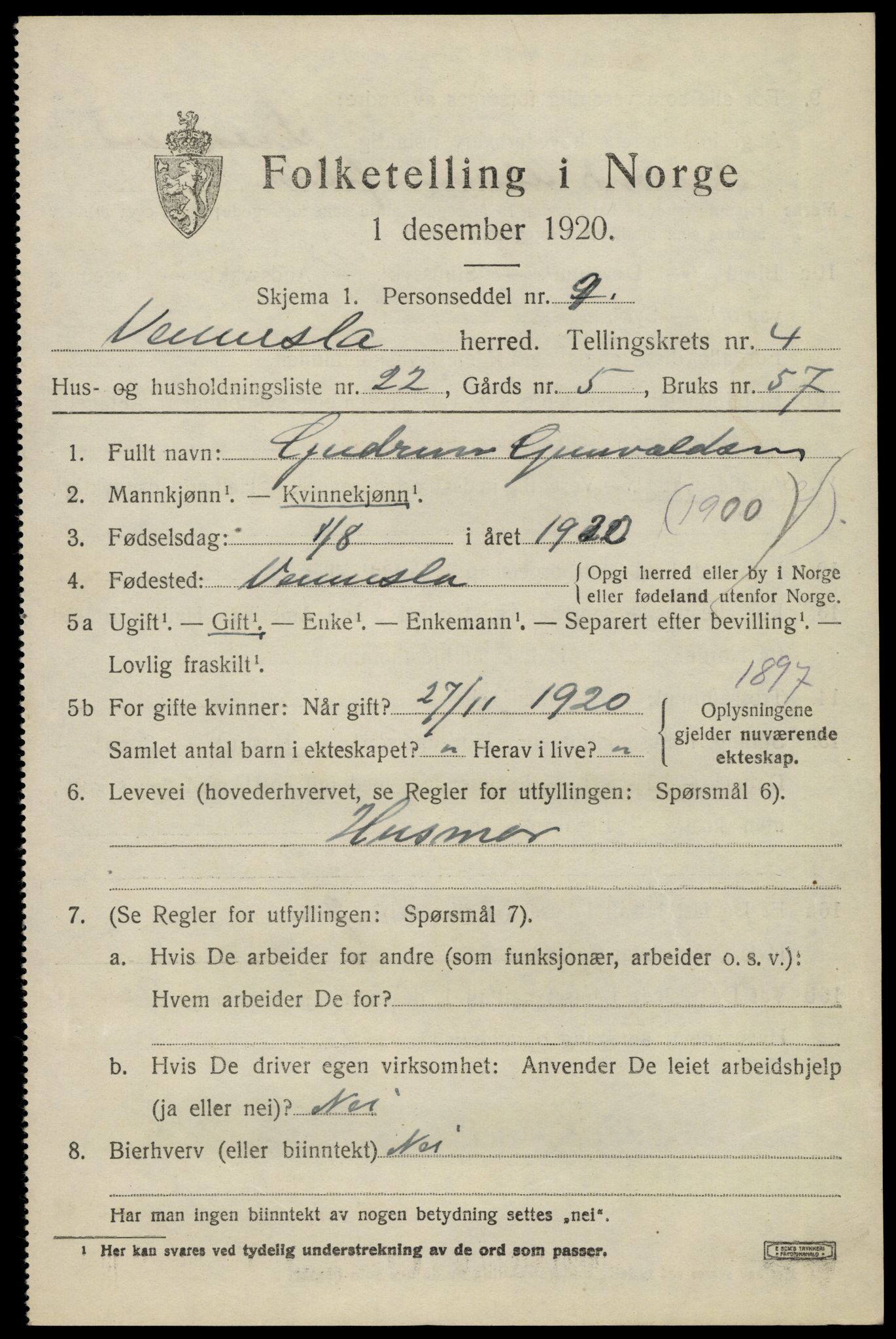 SAK, 1920 census for Vennesla, 1920, p. 3130