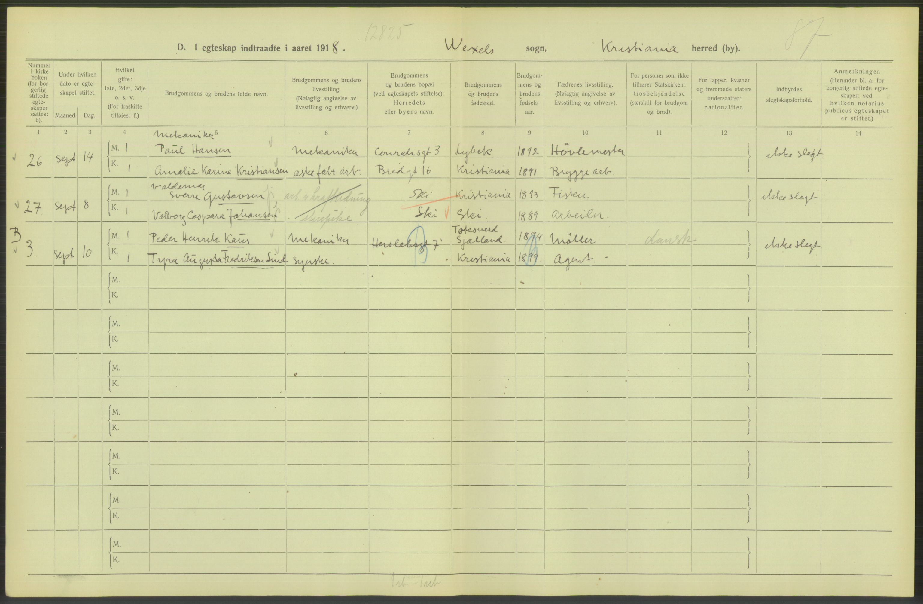 Statistisk sentralbyrå, Sosiodemografiske emner, Befolkning, AV/RA-S-2228/D/Df/Dfb/Dfbh/L0009: Kristiania: Gifte, 1918, p. 838