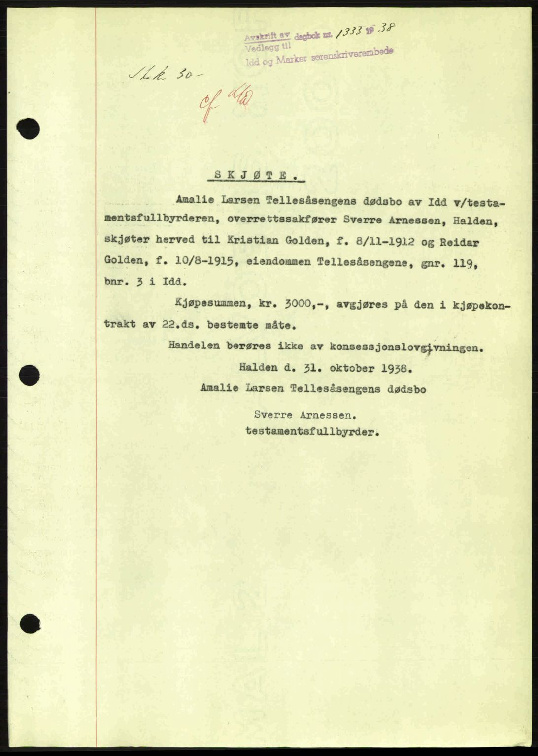 Idd og Marker sorenskriveri, AV/SAO-A-10283/G/Gb/Gbb/L0002: Mortgage book no. A2, 1937-1938, Diary no: : 1333/1938