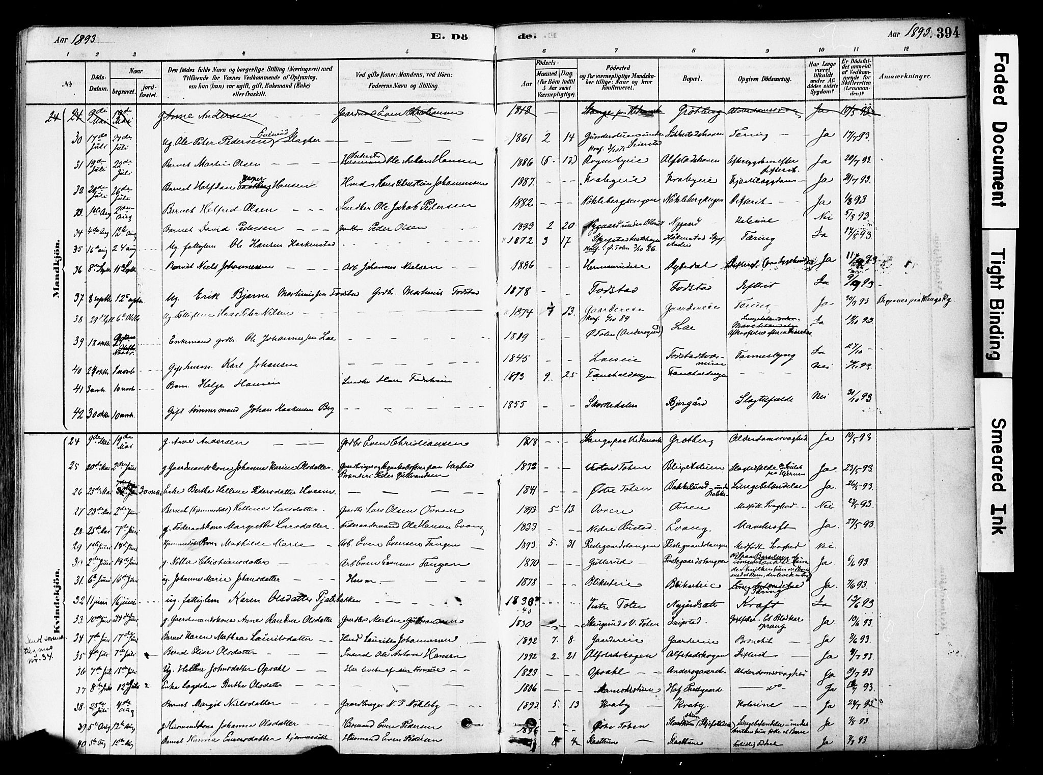 Østre Toten prestekontor, AV/SAH-PREST-104/H/Ha/Haa/L0006: Parish register (official) no. 6 /1, 1878-1896, p. 394