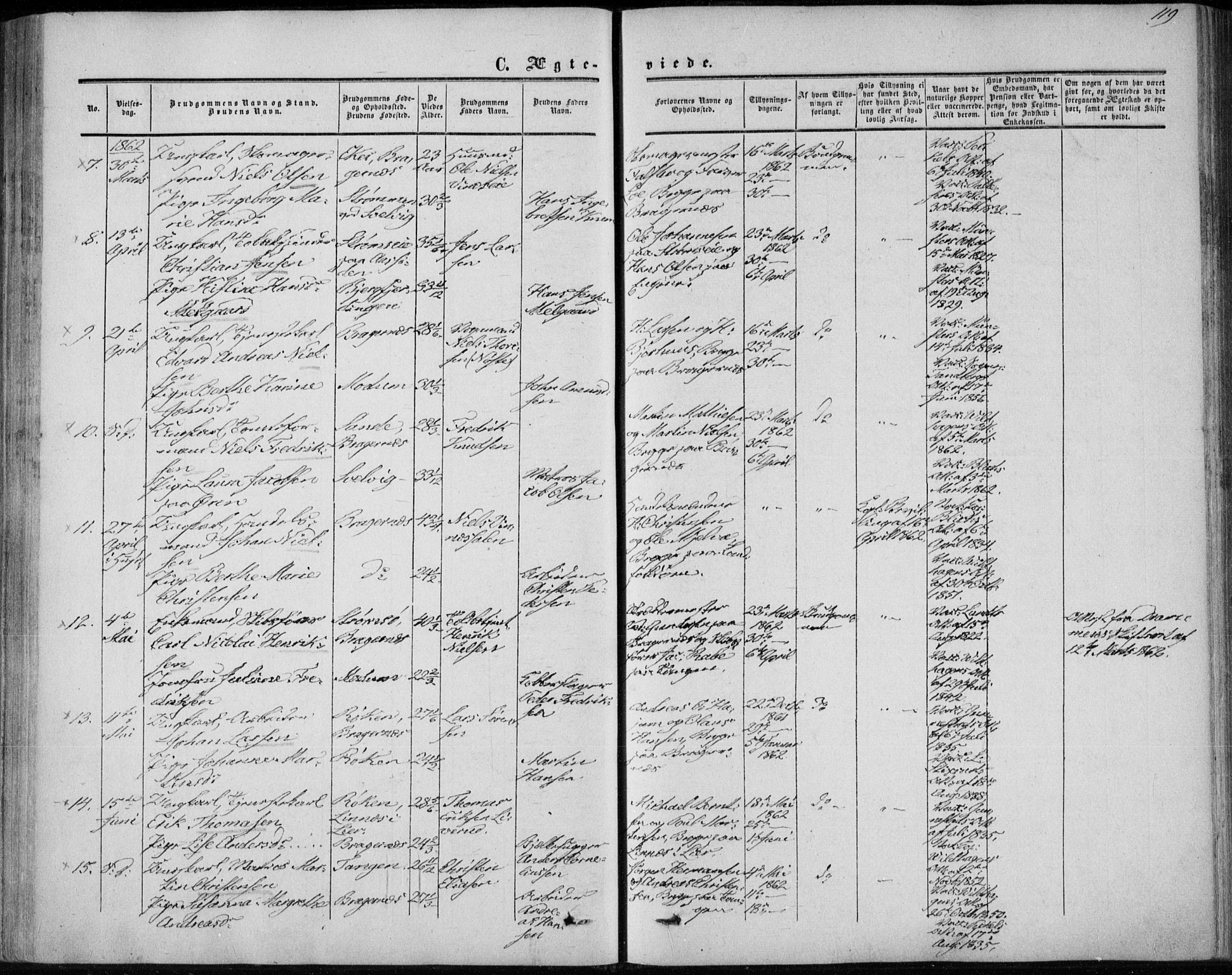 Bragernes kirkebøker, SAKO/A-6/F/Fc/L0002: Parish register (official) no. III 2, 1854-1865, p. 119