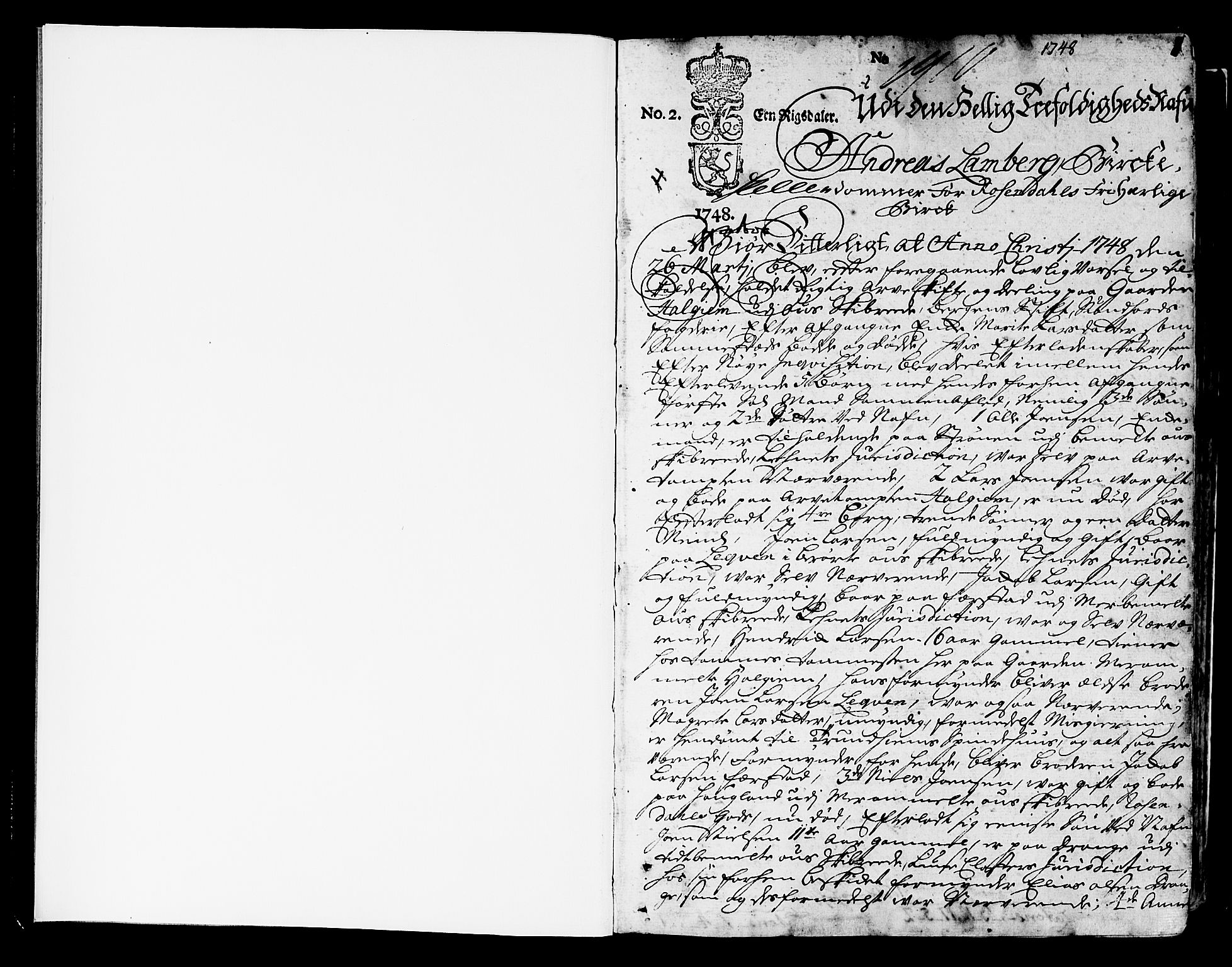 Hardanger og Voss sorenskriveri, SAB/A-2501/4/4A/4Aa/L0003: Skifterettsprotokoll for Rosendals gods, 1748-1791, p. 1b-2a