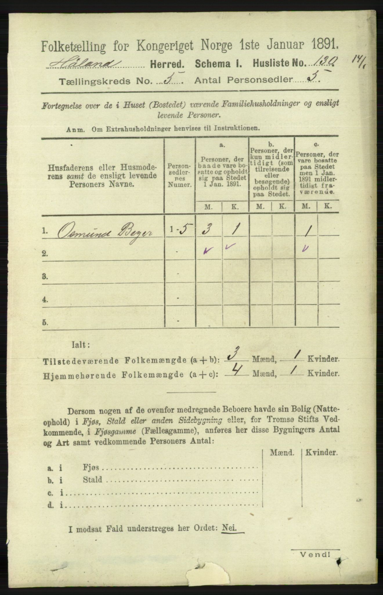 RA, 1891 census for 1124 Haaland, 1891, p. 3296
