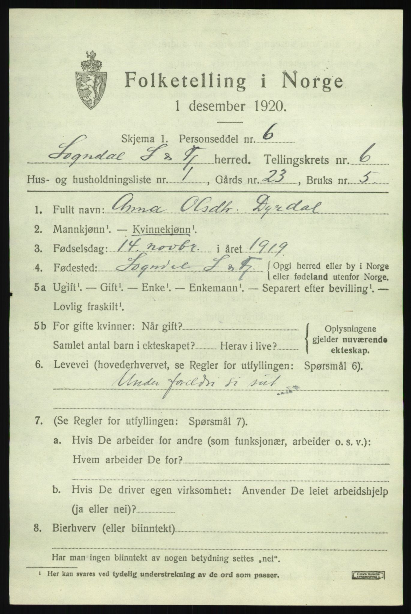 SAB, 1920 census for Sogndal, 1920, p. 2949