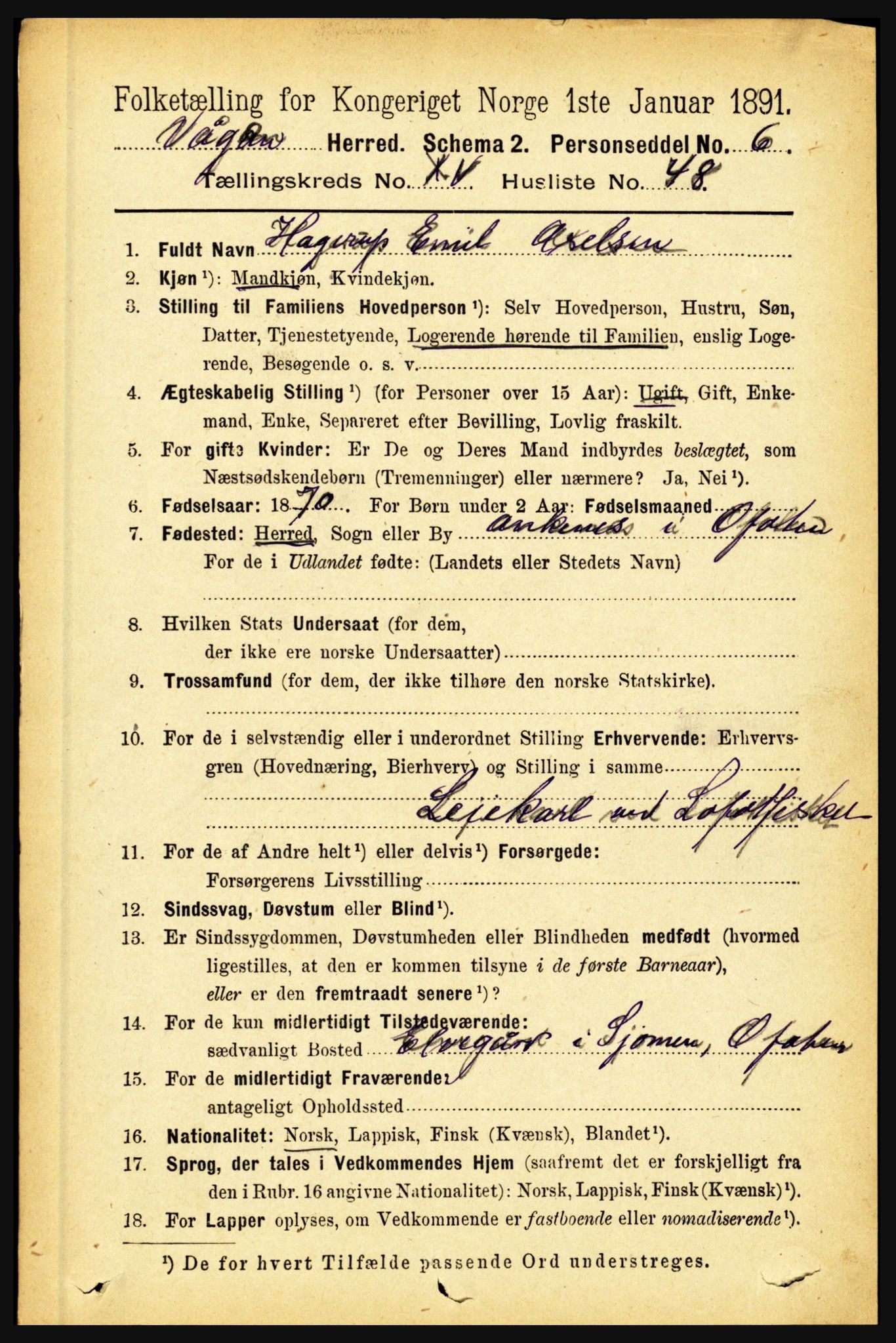 RA, 1891 census for 1865 Vågan, 1891, p. 4511