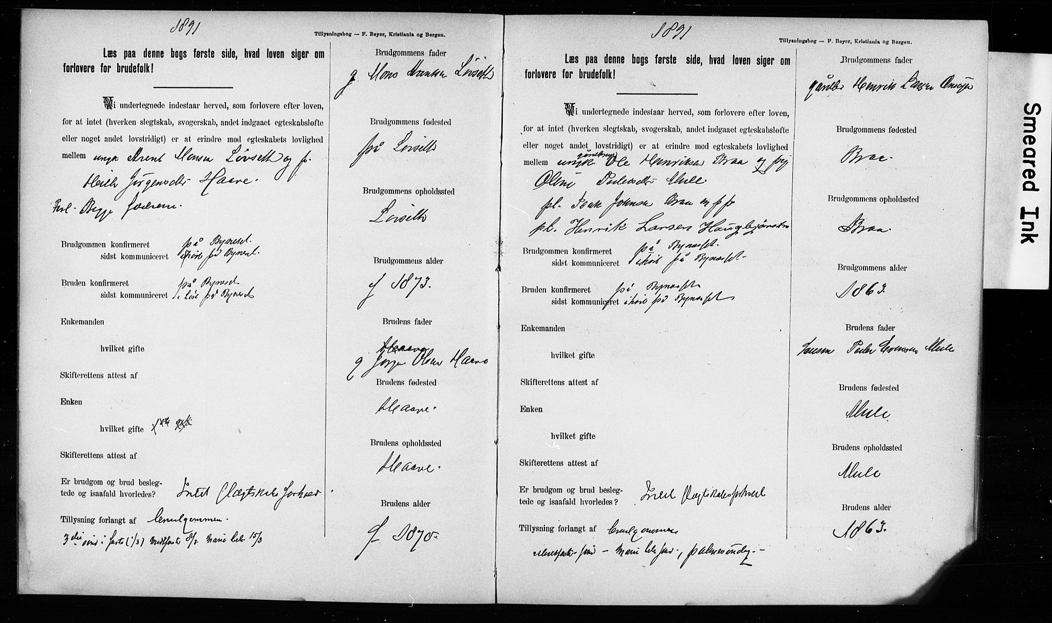 Hurum kirkebøker, AV/SAKO-A-229/H/Hb/L0001: Best man's statements no. 1, 1890-1899
