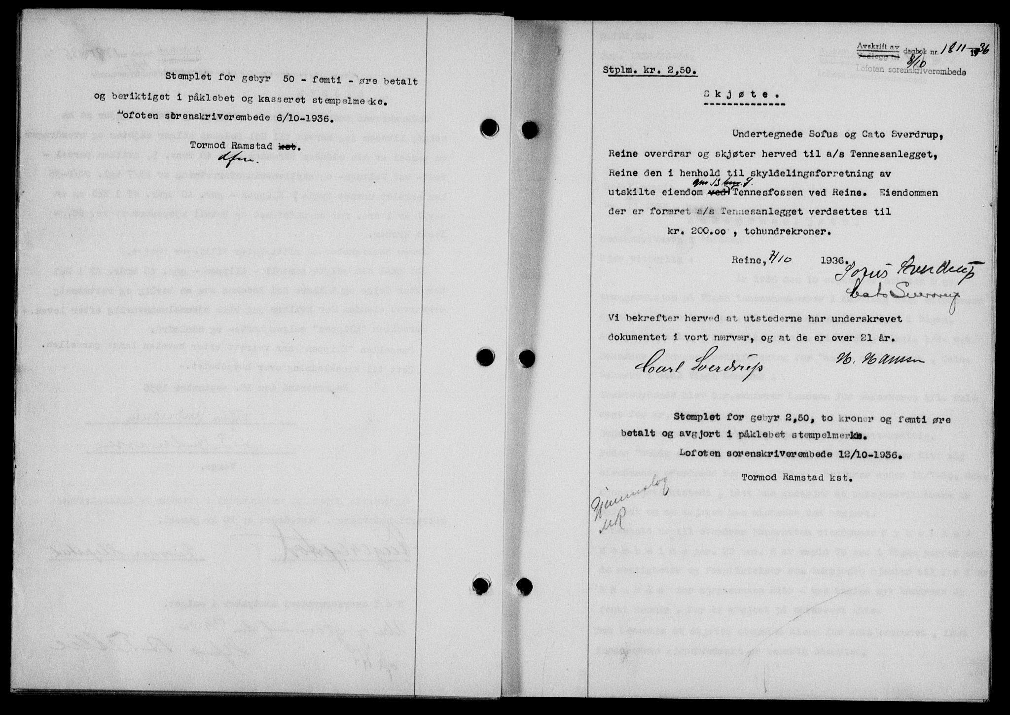 Lofoten sorenskriveri, SAT/A-0017/1/2/2C/L0001a: Mortgage book no. 1a, 1936-1937, Diary no: : 1811/1936