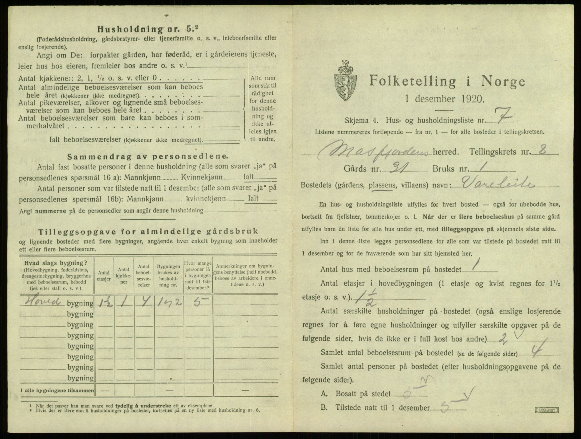 SAB, 1920 census for Masfjorden, 1920, p. 393