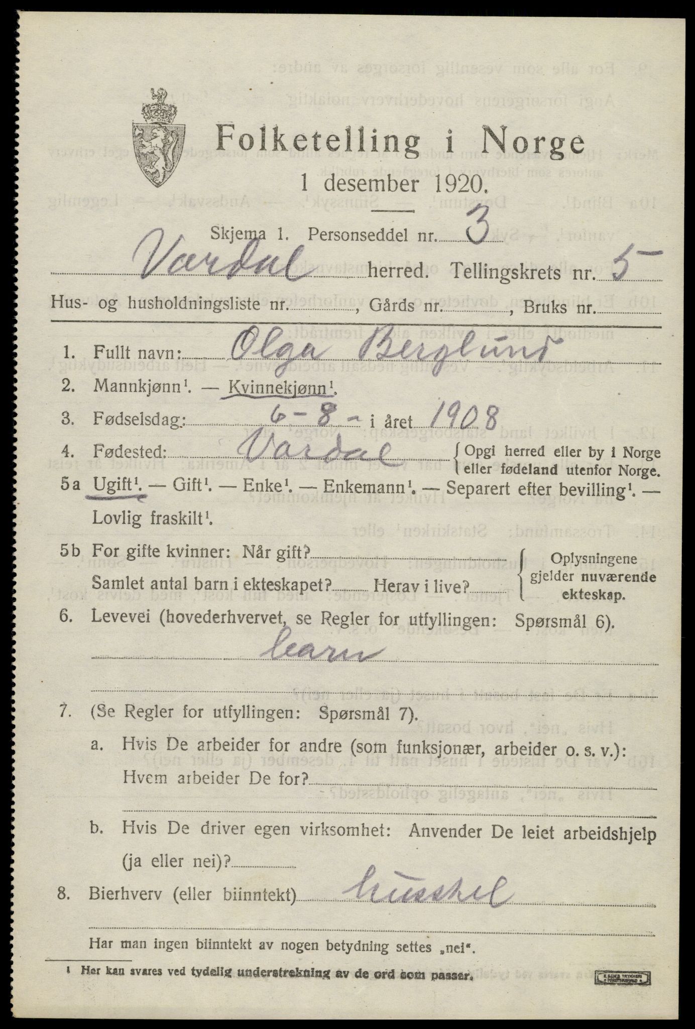 SAH, 1920 census for Vardal, 1920, p. 3851