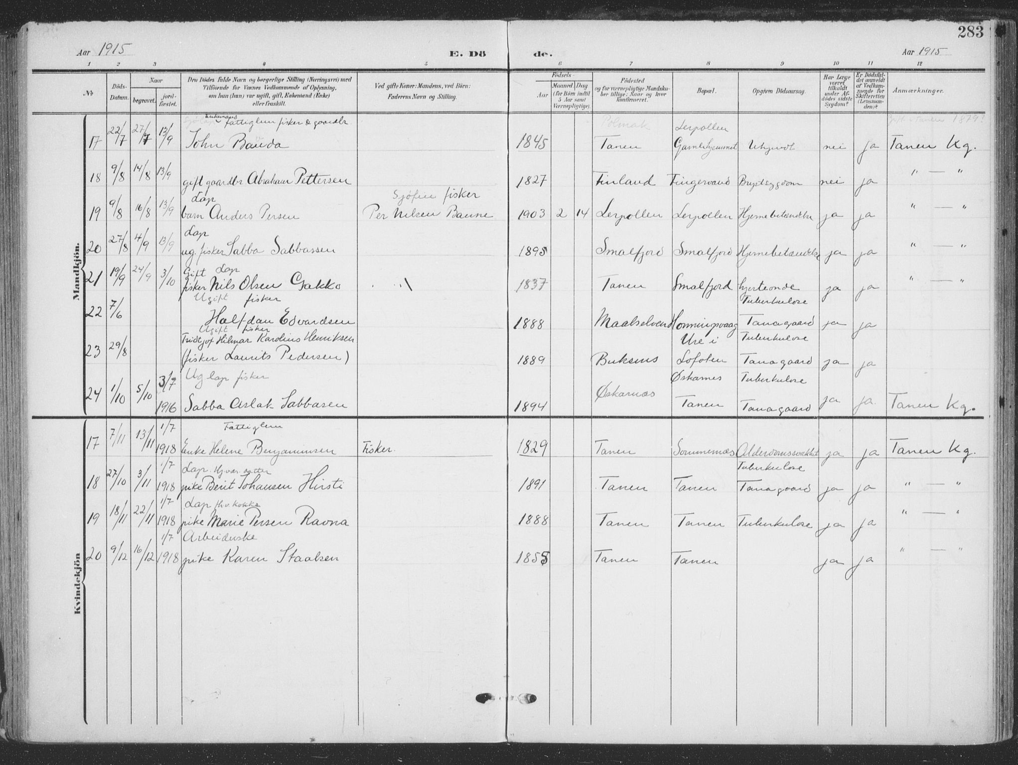 Tana sokneprestkontor, AV/SATØ-S-1334/H/Ha/L0007kirke: Parish register (official) no. 7, 1904-1918, p. 283