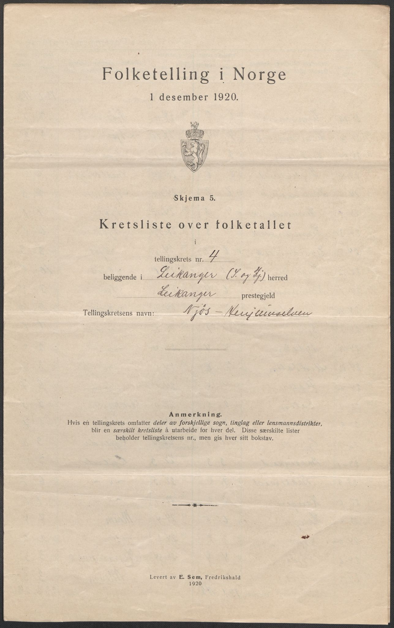 SAB, 1920 census for Leikanger, 1920, p. 16