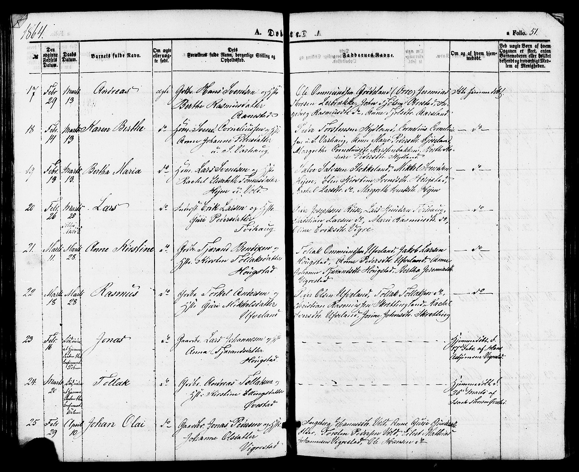 Hå sokneprestkontor, AV/SAST-A-101801/001/30BA/L0009: Parish register (official) no. A 8, 1855-1878, p. 51