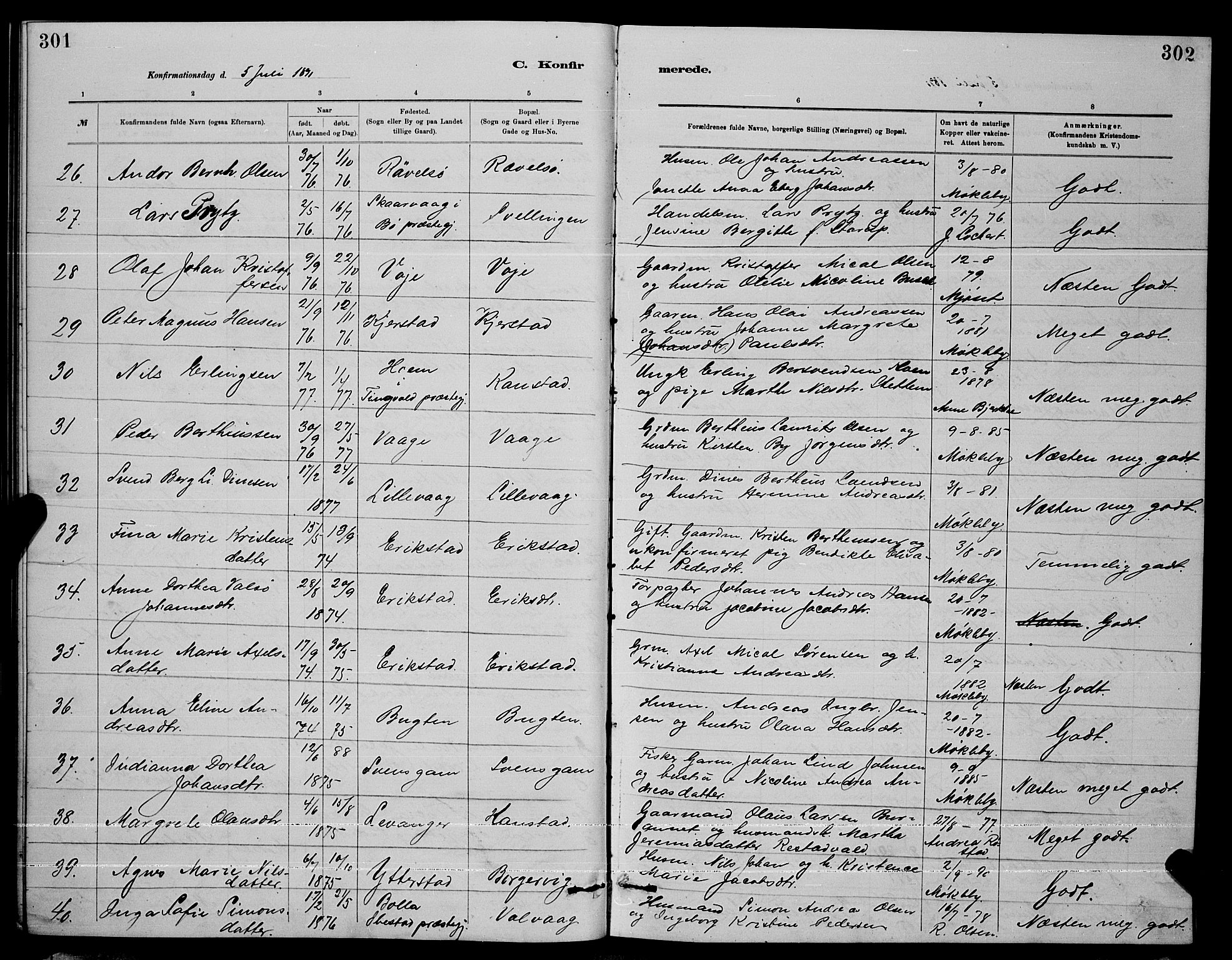 Ministerialprotokoller, klokkerbøker og fødselsregistre - Nordland, AV/SAT-A-1459/872/L1047: Parish register (copy) no. 872C03, 1880-1897, p. 301-302