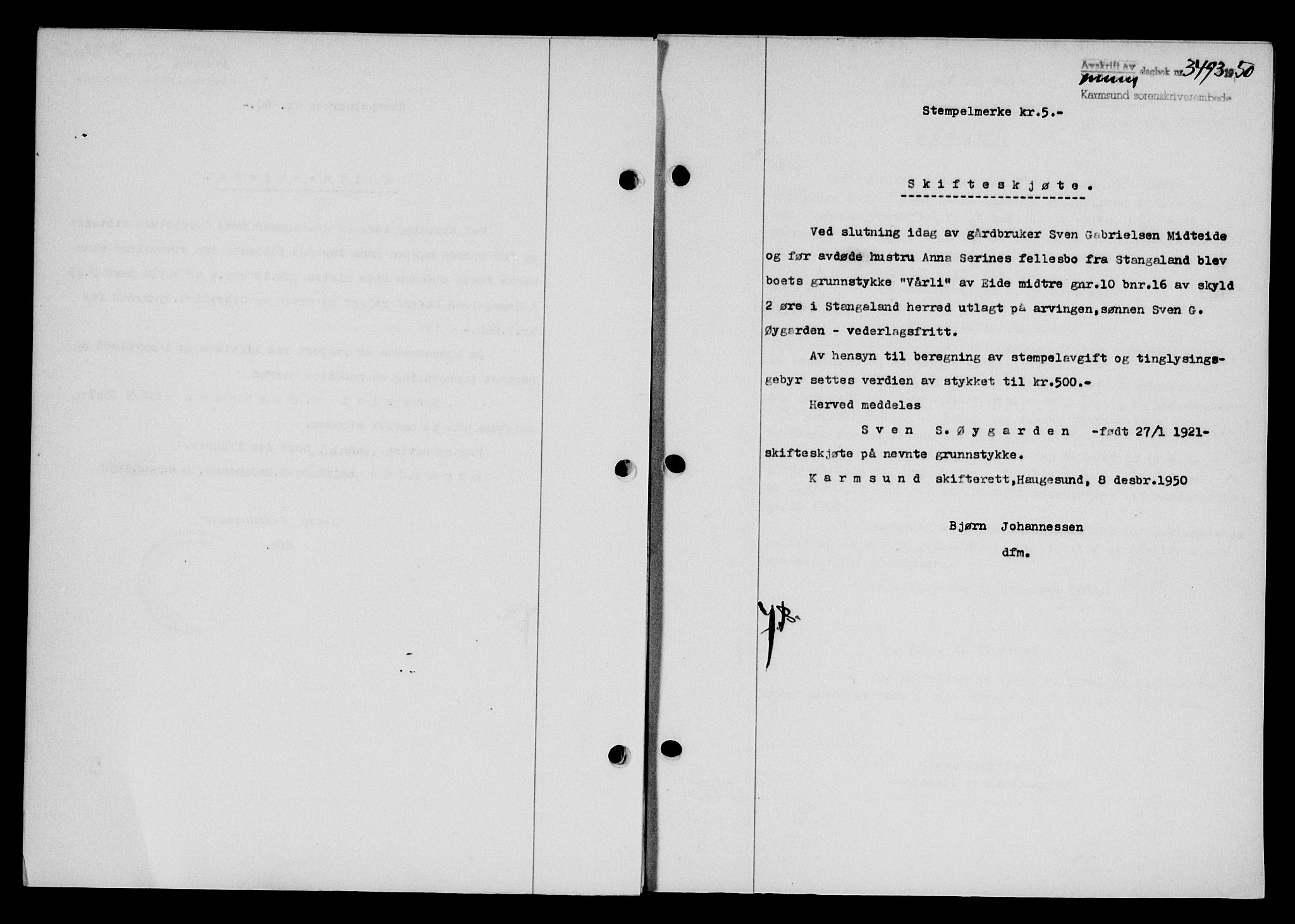 Karmsund sorenskriveri, SAST/A-100311/01/II/IIB/L0101: Mortgage book no. 81A, 1950-1951, Diary no: : 3493/1950