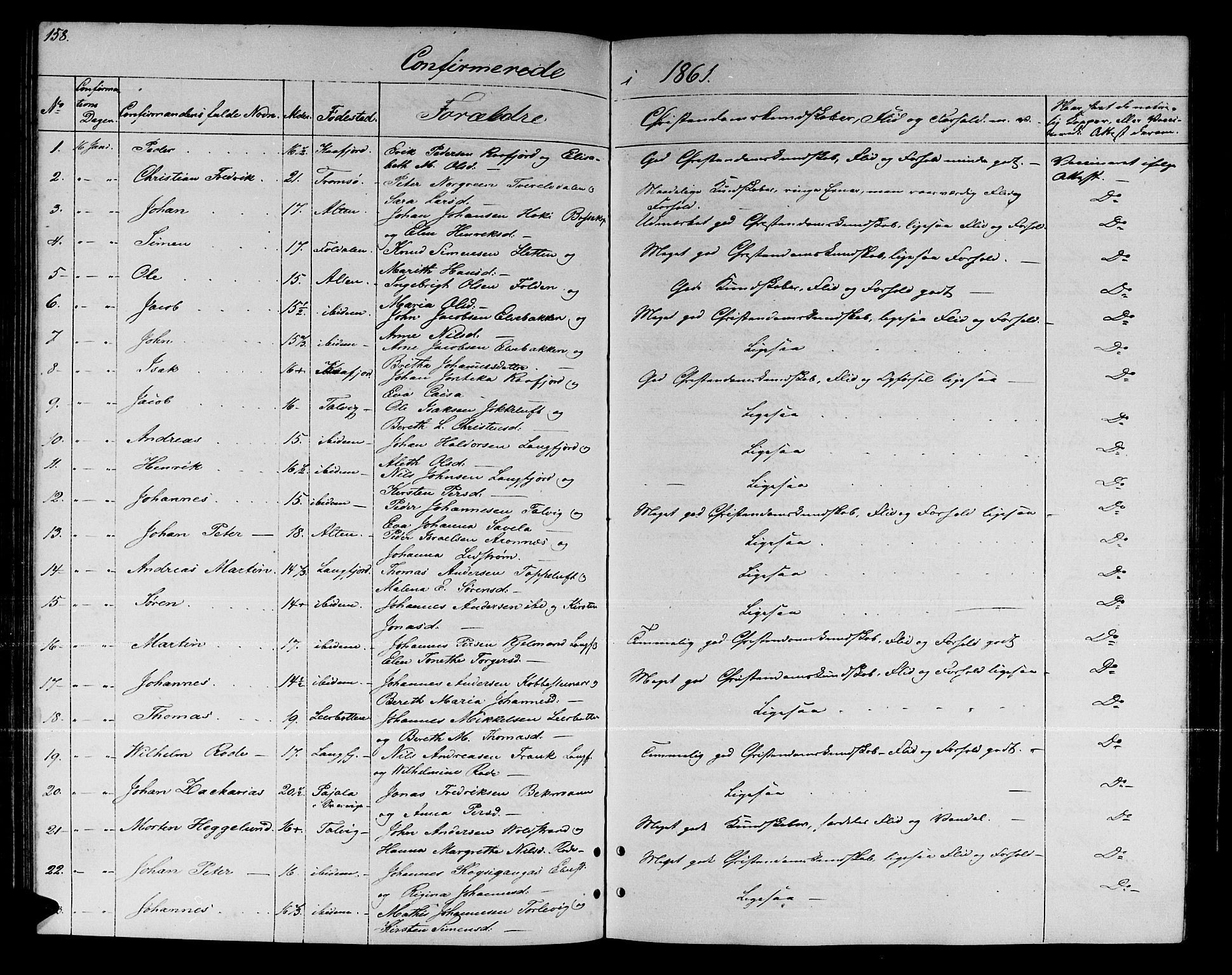 Talvik sokneprestkontor, SATØ/S-1337/H/Hb/L0001klokker: Parish register (copy) no. 1, 1847-1863, p. 158